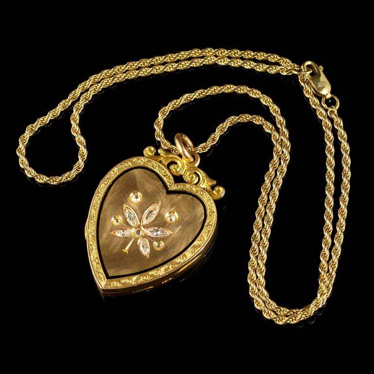 Antique Victorian Diamond Locket Heart Locket and Chain 15 Carat Gold