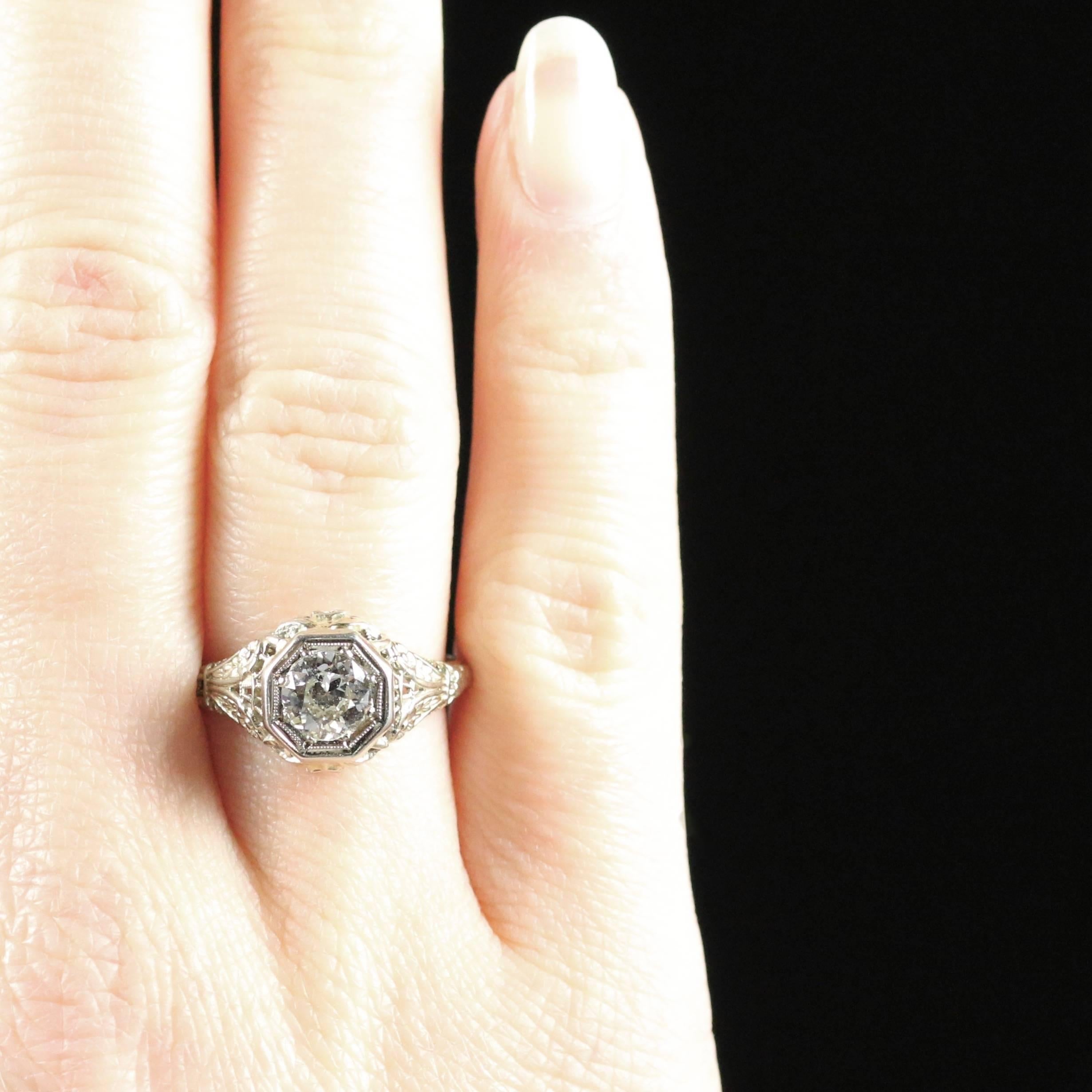 Antique Art Deco Diamond Engagement Ring 18 Carat White Gold 1.10 Carat Diamond For Sale 2