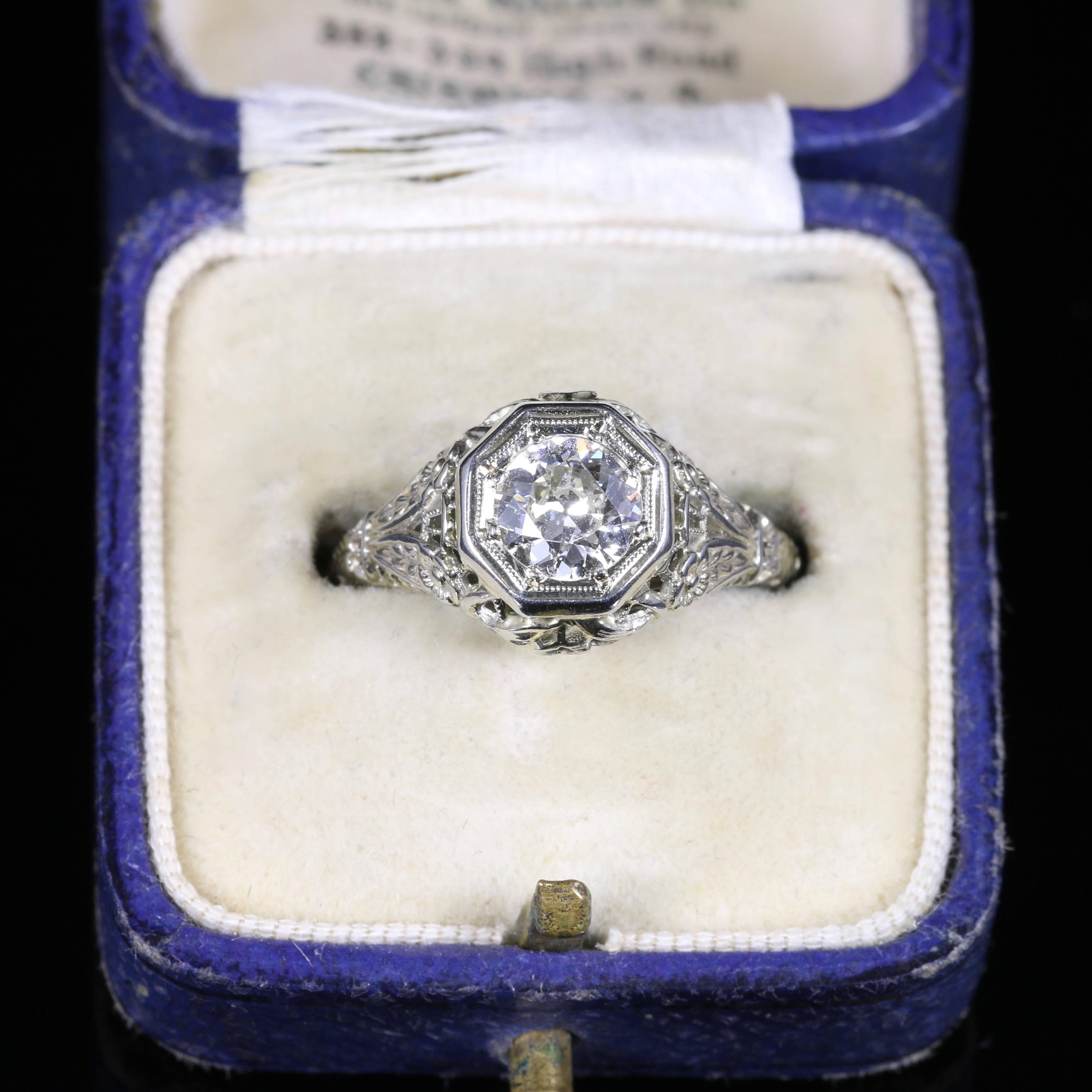 Antique Art Deco Diamond Engagement Ring 18 Carat White Gold 1.10 Carat Diamond For Sale 1