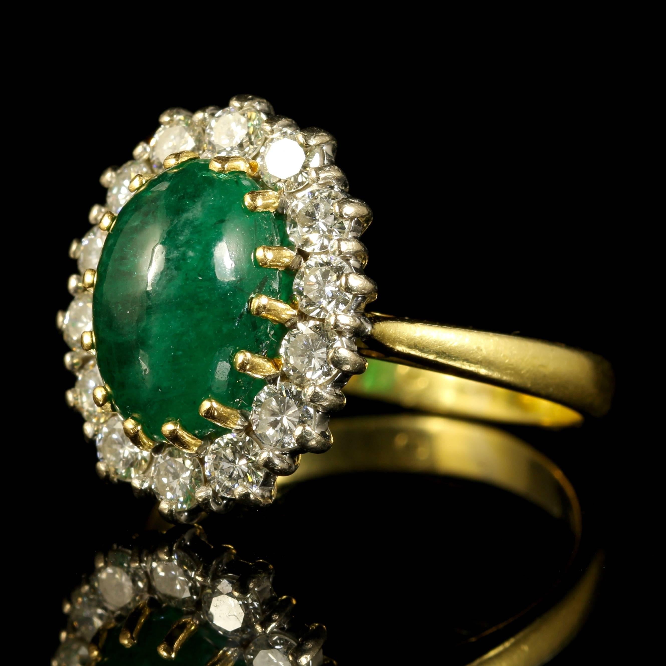 This fabulous Antique Victorian ring is Circa 1900.

The lovely cabochon Emerald has a lovely rich green hue surrounded by old cut Diamonds.

Its quite unusual to find a cabochon Emerald usually they are faceted.

The Emerald is approx. 3ct in