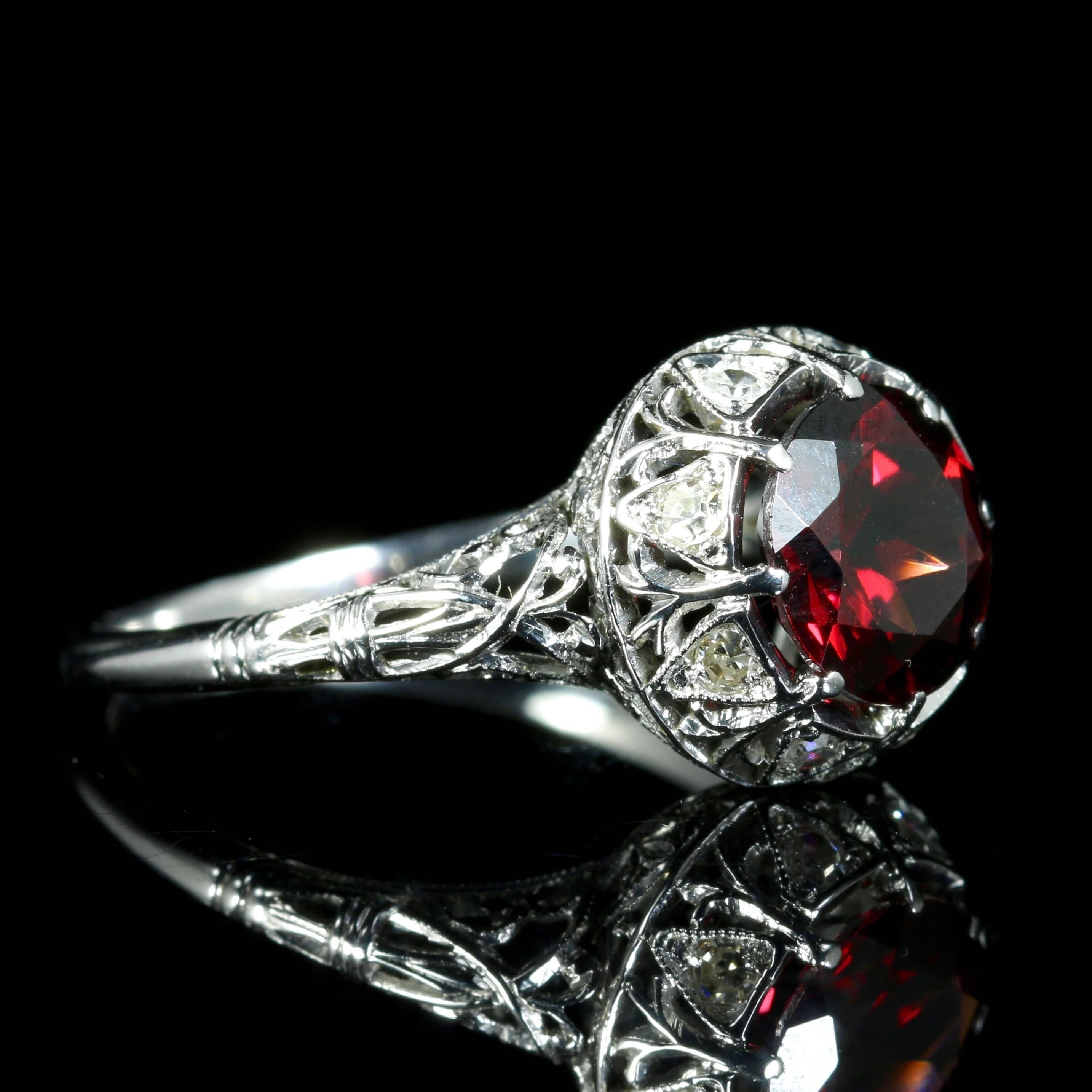 Antique Edwardian Platinum Garnet Diamond Ring, circa 1920 1