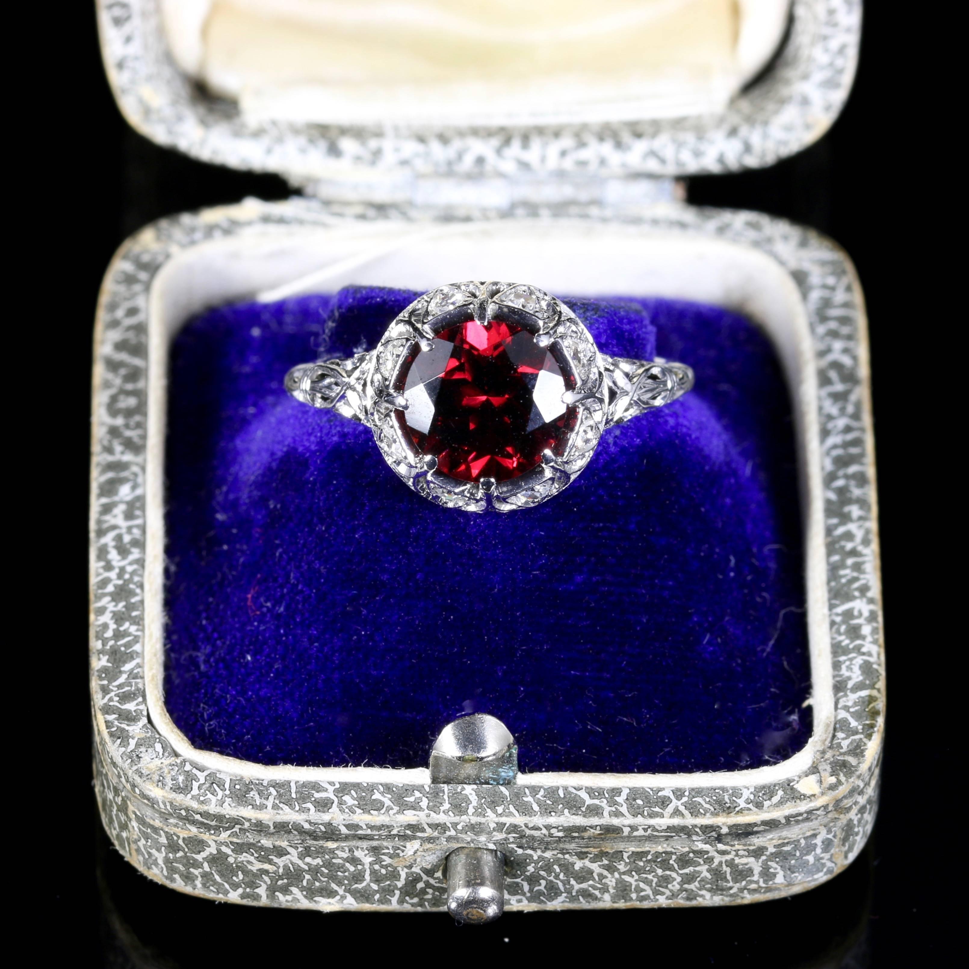 Antique Edwardian Platinum Garnet Diamond Ring, circa 1920 3