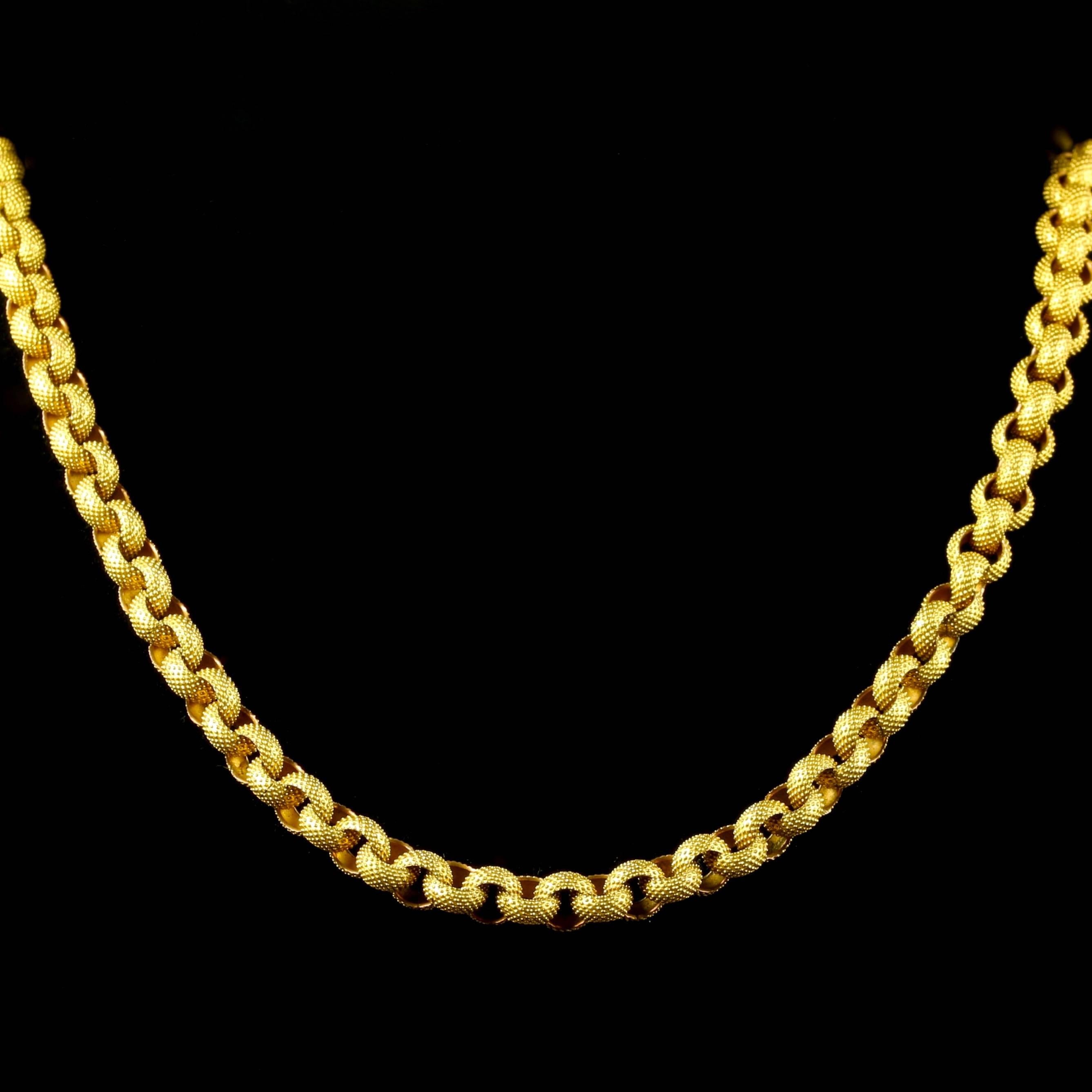 This fabulous long Georgian chain is 18th Century - Circa 1780.

Absolutely breath-taking in workmanship, each link is hand made leading to an original barrel clasp.

Steeped in English History, purchased in London.

The necklace is 18ct gold on