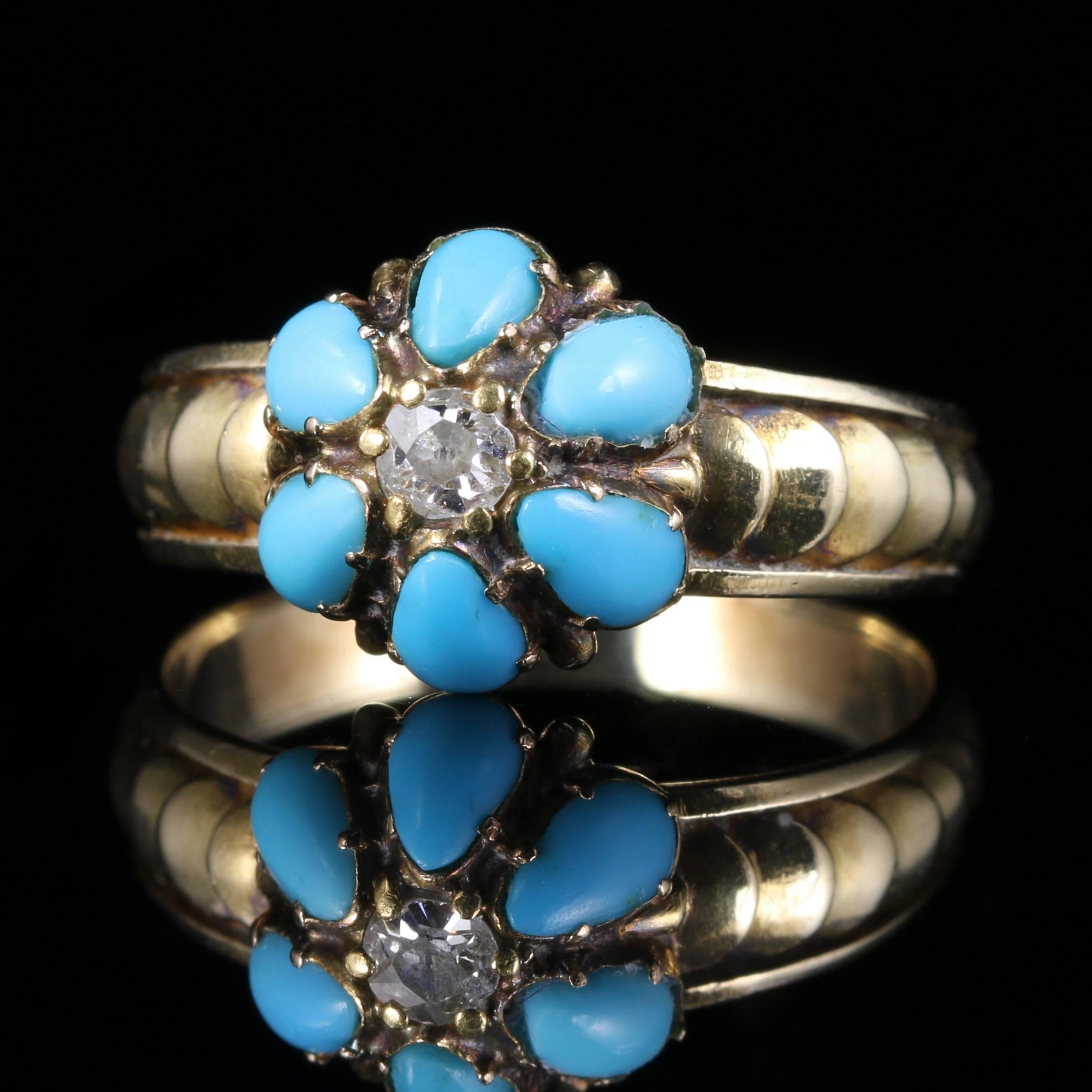 This genuine Georgian 18ct yellow gold ring is set with beautiful natural turquoises and a lovely central old cut diamond.

The turquoise stone has healing properties, it protects the wearer from negative energy and brings good fortune. Turquoise is
