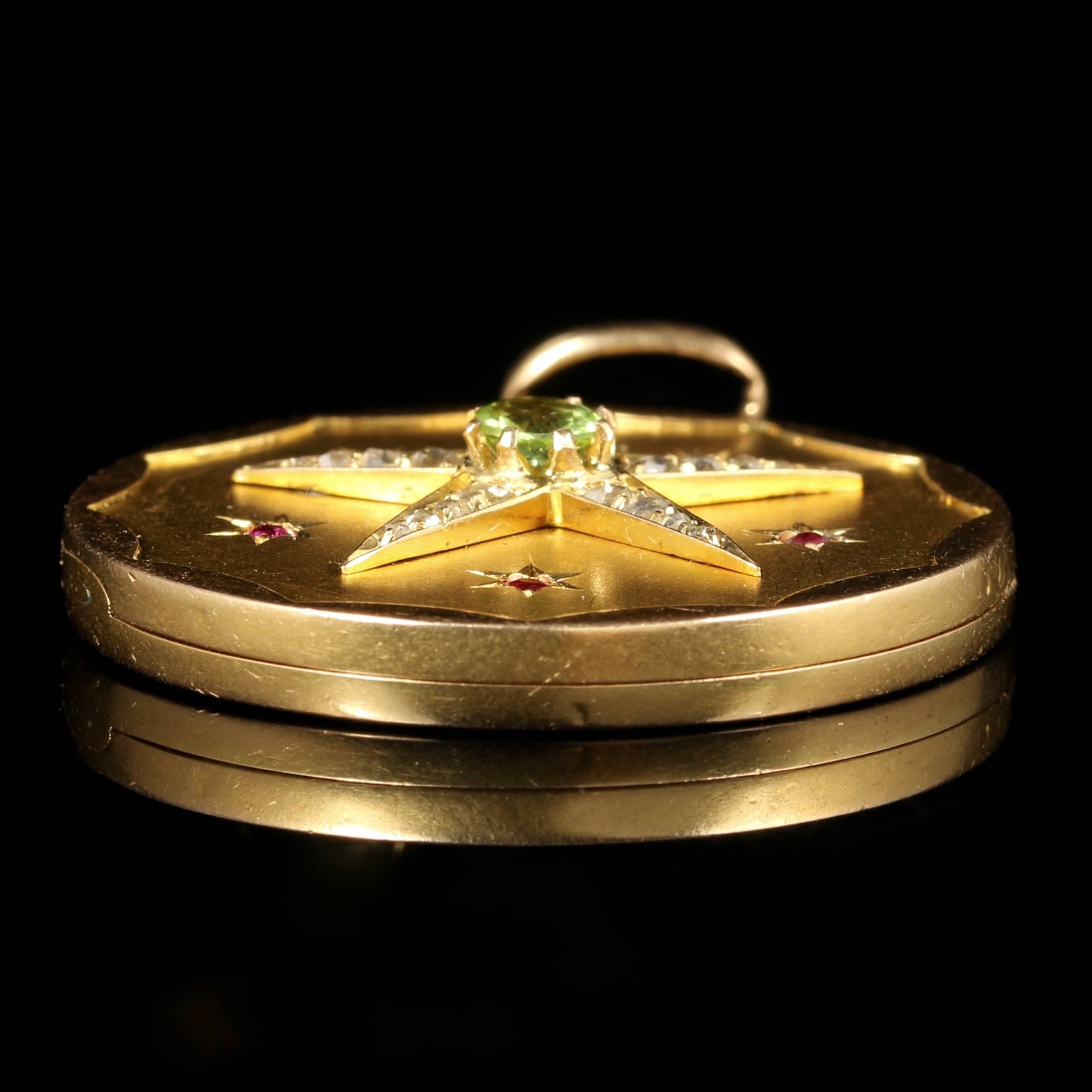 This beautiful Suffragette 18ct Yellow Gold locket is Circa 1900.

The star is set in 18ct Yellow Gold and adorned with Diamonds, Peridots and Rubies.

All original Victorian genuine Suffragette.

Suffragettes liked to be depicted as feminine, their