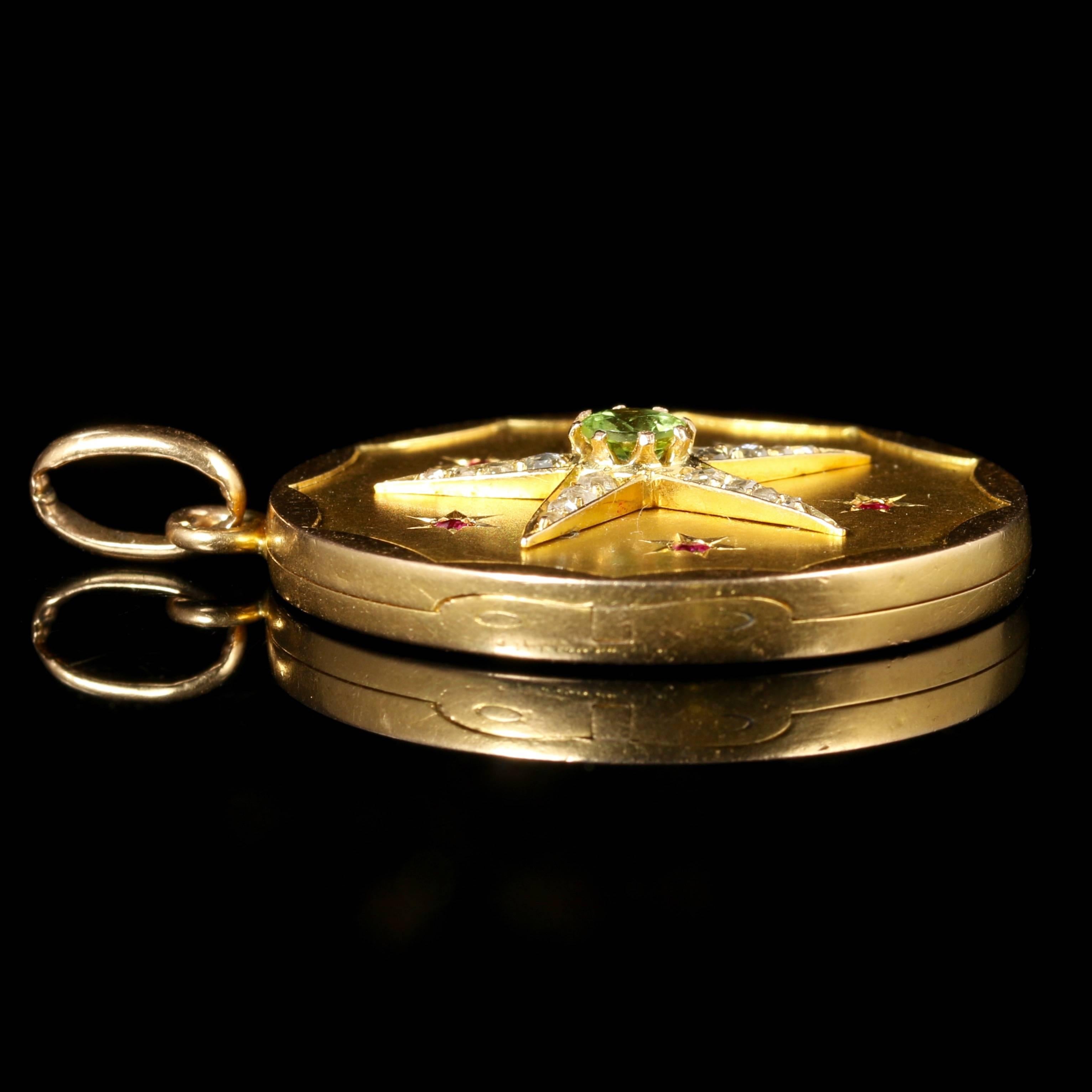 Antique Victorian Suffragette Locket Diamond Peridot Ruby 18 Carat Gold 1
