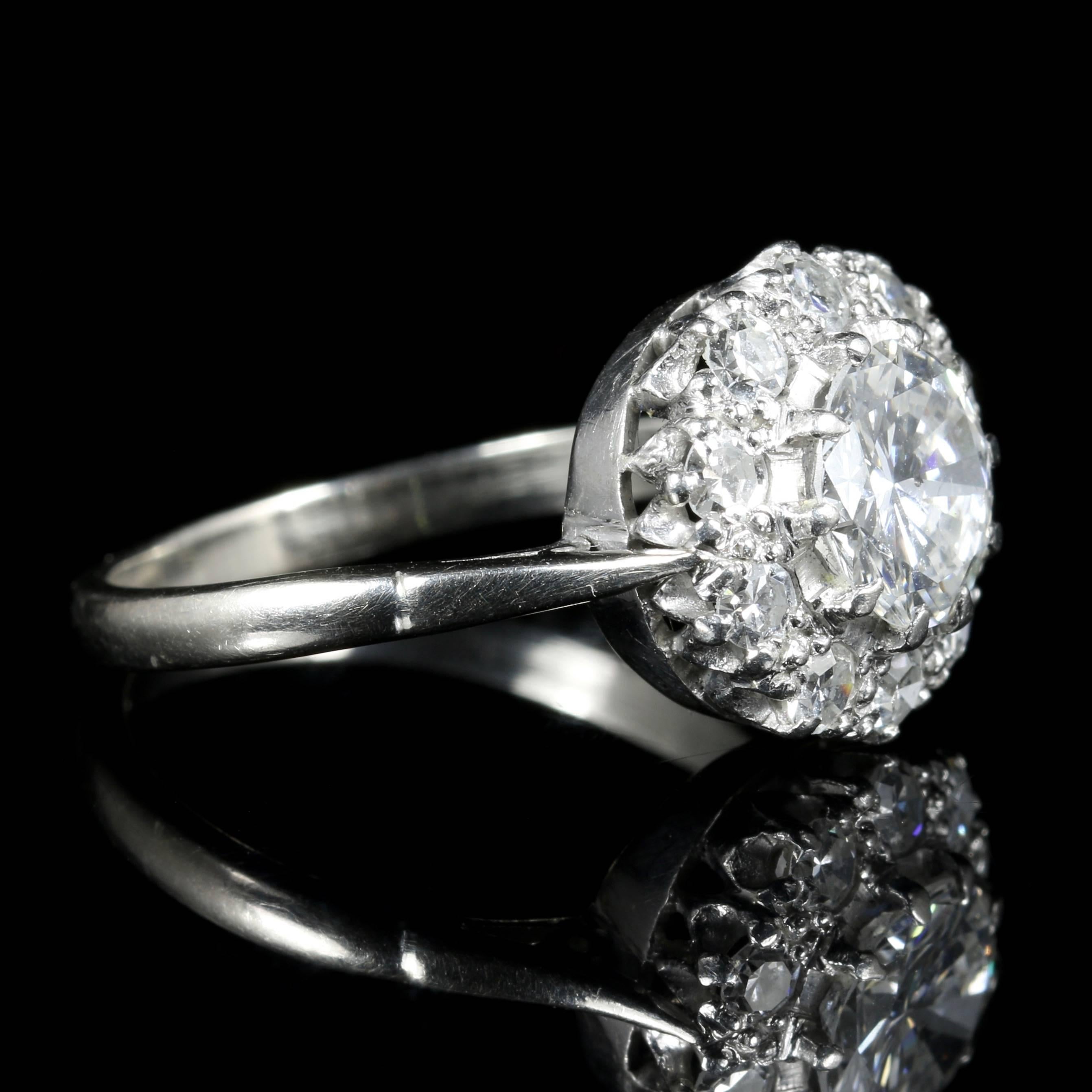 Antique Edwardian 1.60 Carat Diamond Platinum Cluster Engagement Ring In Excellent Condition In Lancaster, Lancashire