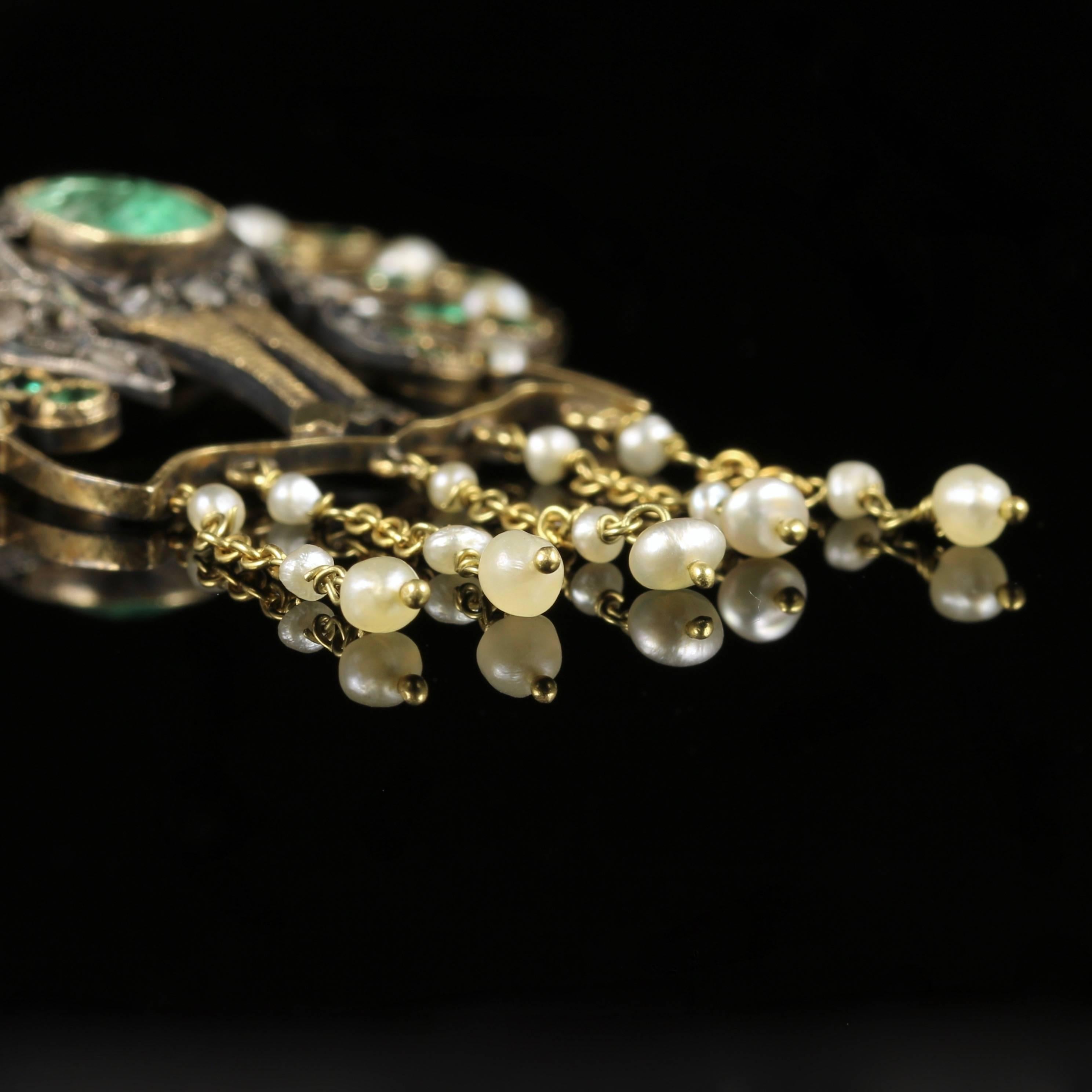 Antique French Victorian Peacock Emerald Pearl Diamond Necklace, circa 1880 4