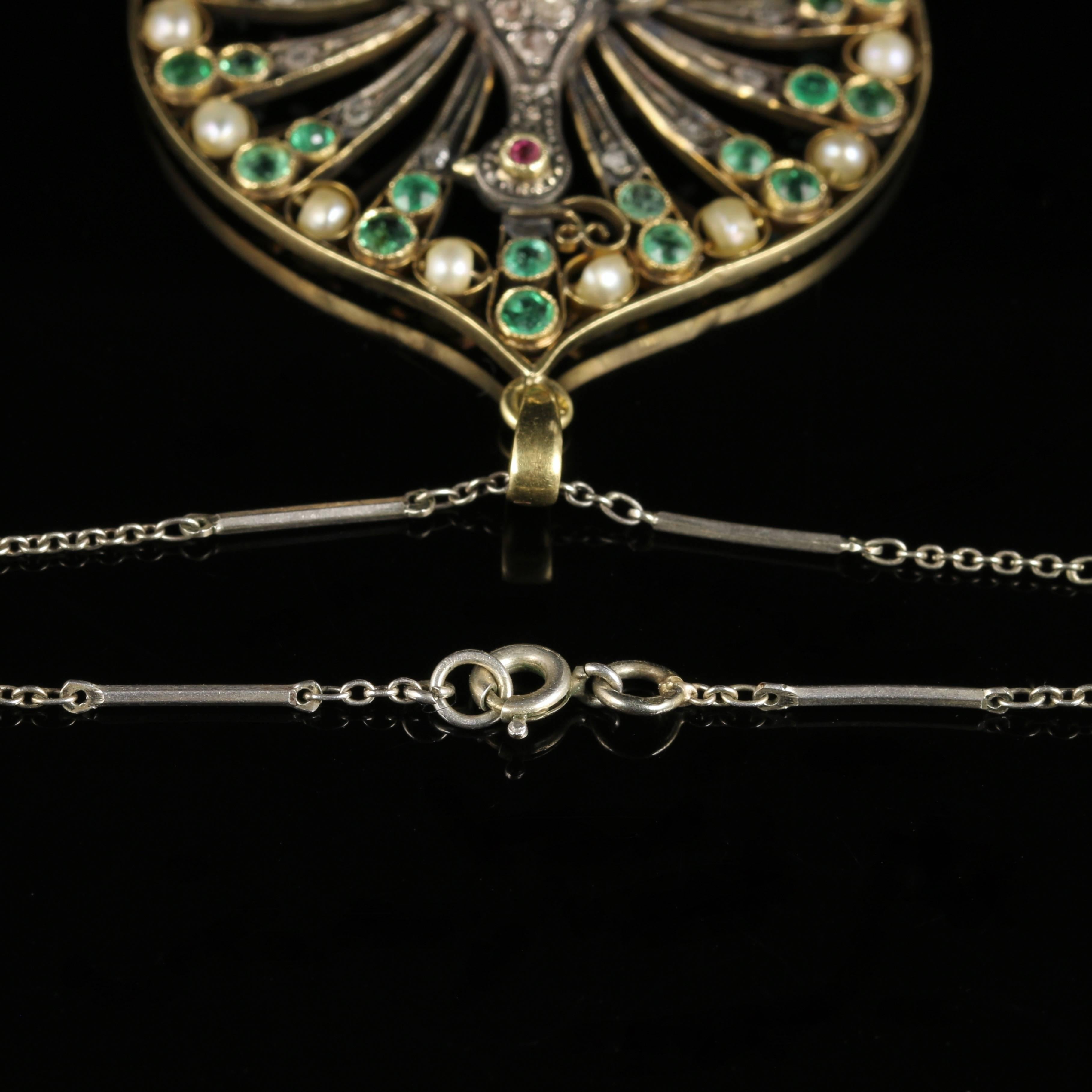Antique French Victorian Peacock Emerald Pearl Diamond Necklace, circa 1880 1