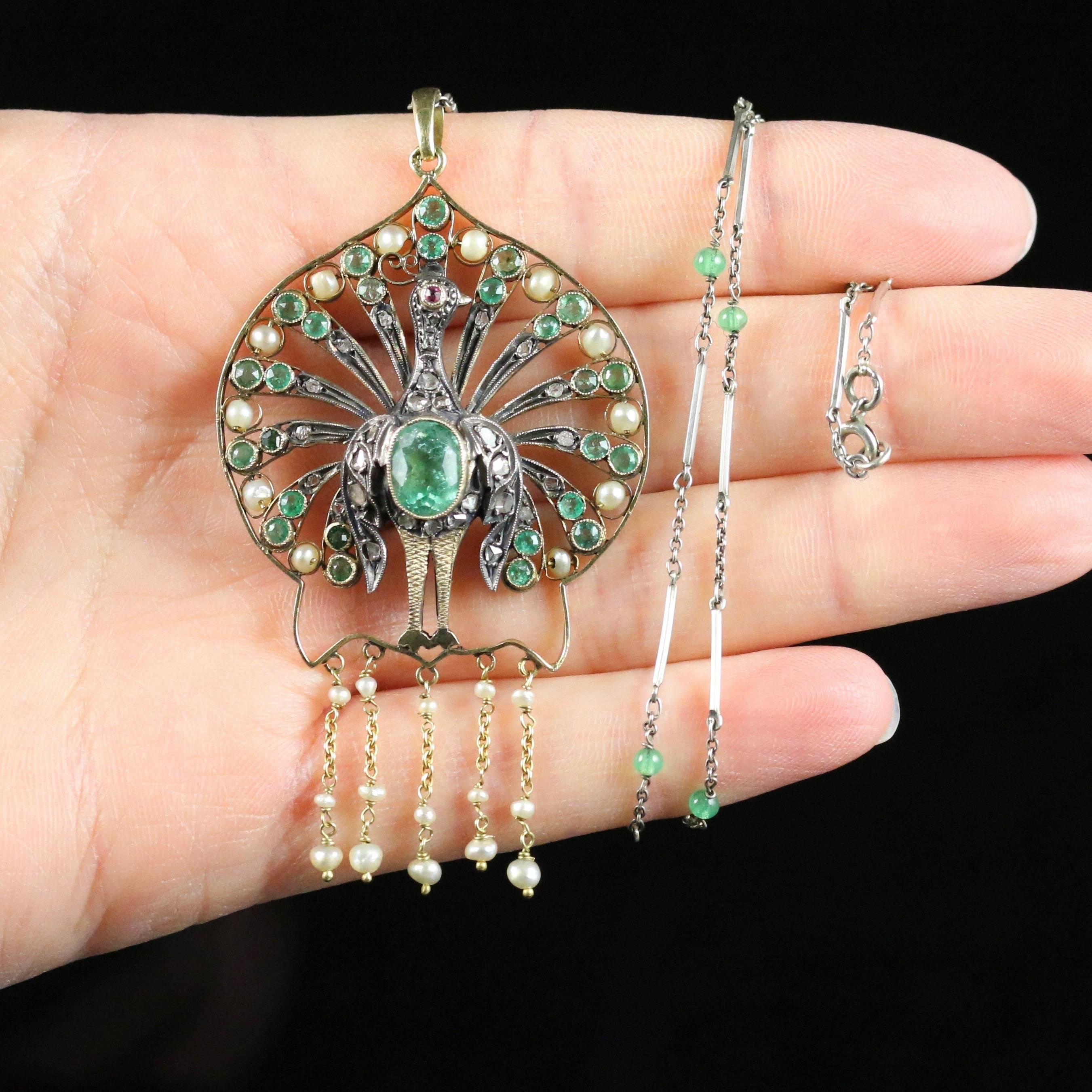 Antique French Victorian Peacock Emerald Pearl Diamond Necklace, circa 1880 6