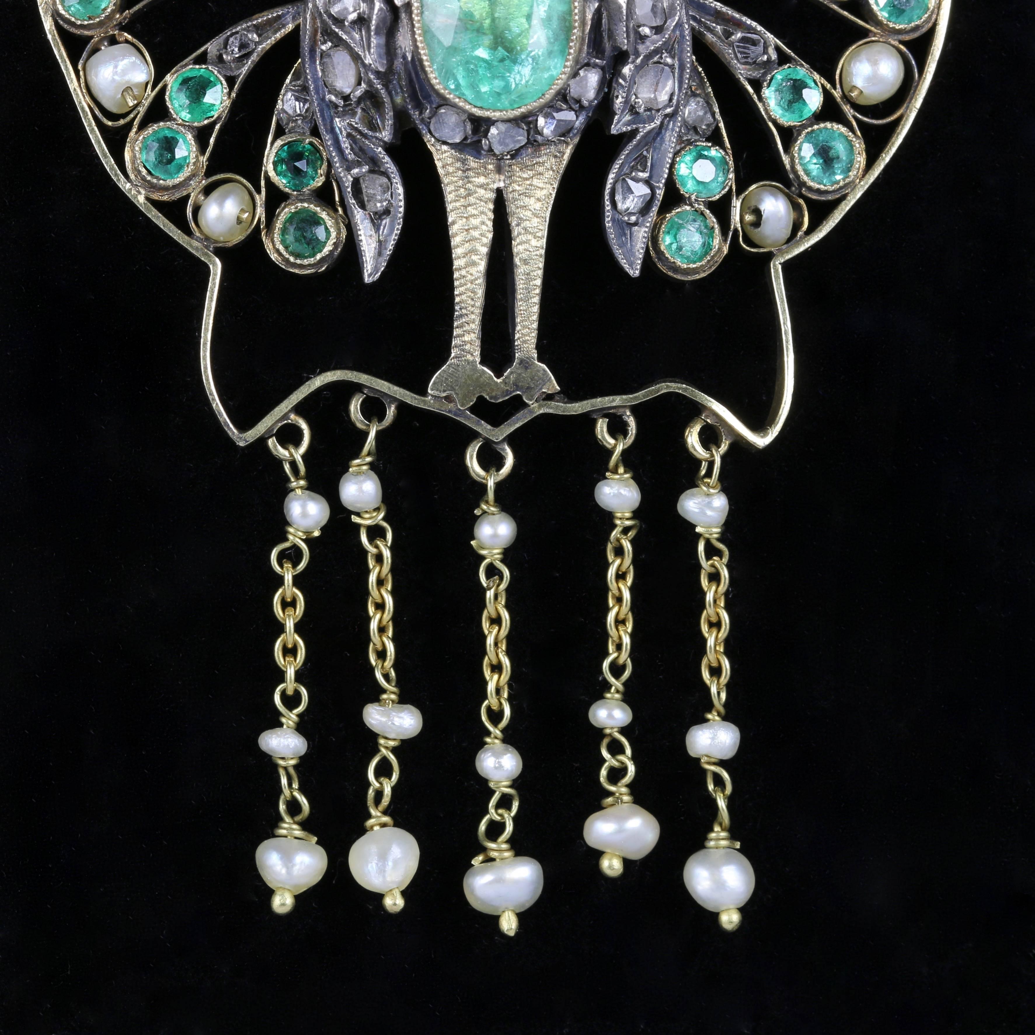 Women's Antique French Victorian Peacock Emerald Pearl Diamond Necklace, circa 1880