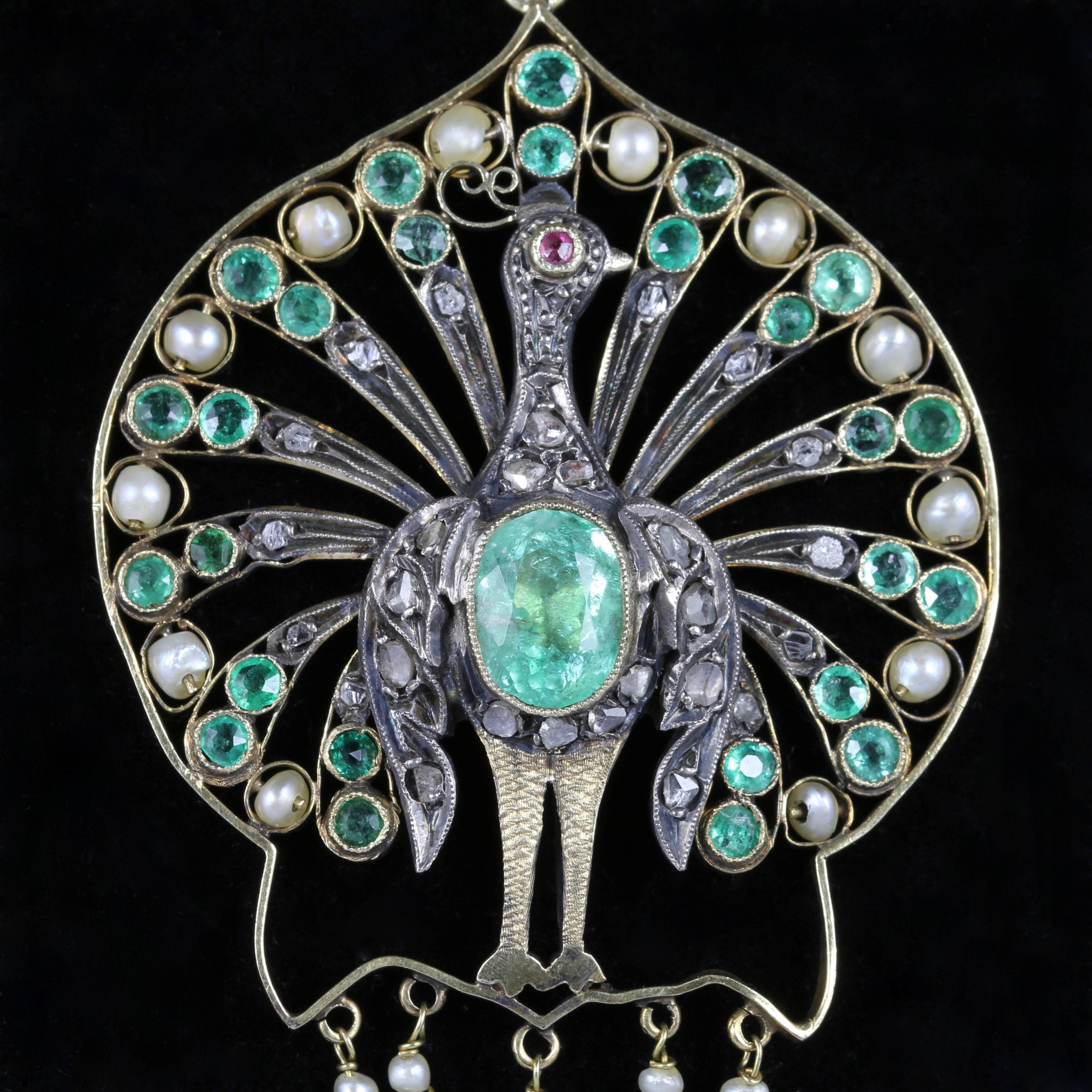 Antique French Victorian Peacock Emerald Pearl Diamond Necklace, circa 1880 In Excellent Condition In Lancaster, Lancashire