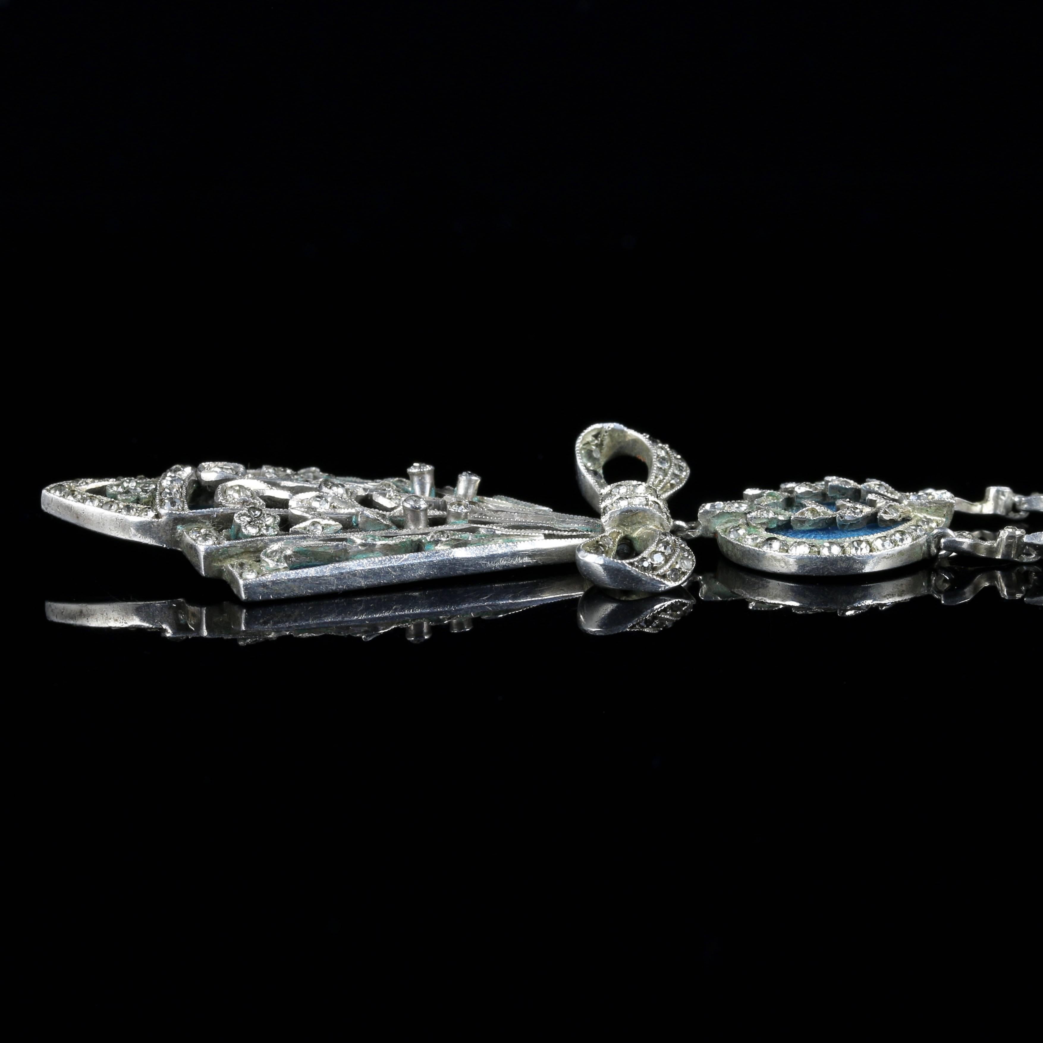 Antique Art Deco Silver Blue Enamel Pendant Necklace 1