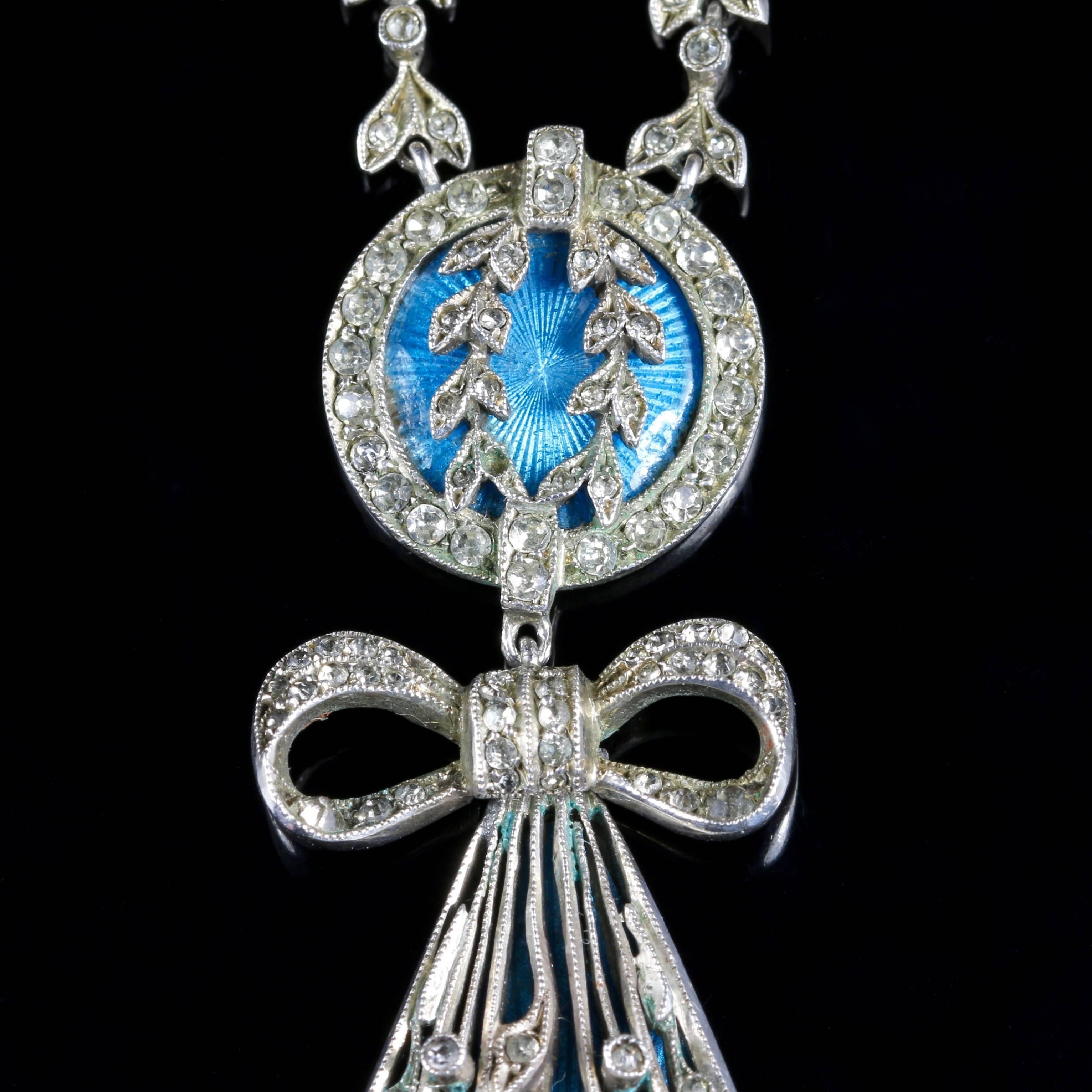 Antique Art Deco Silver Blue Enamel Pendant Necklace In Excellent Condition In Lancaster, Lancashire
