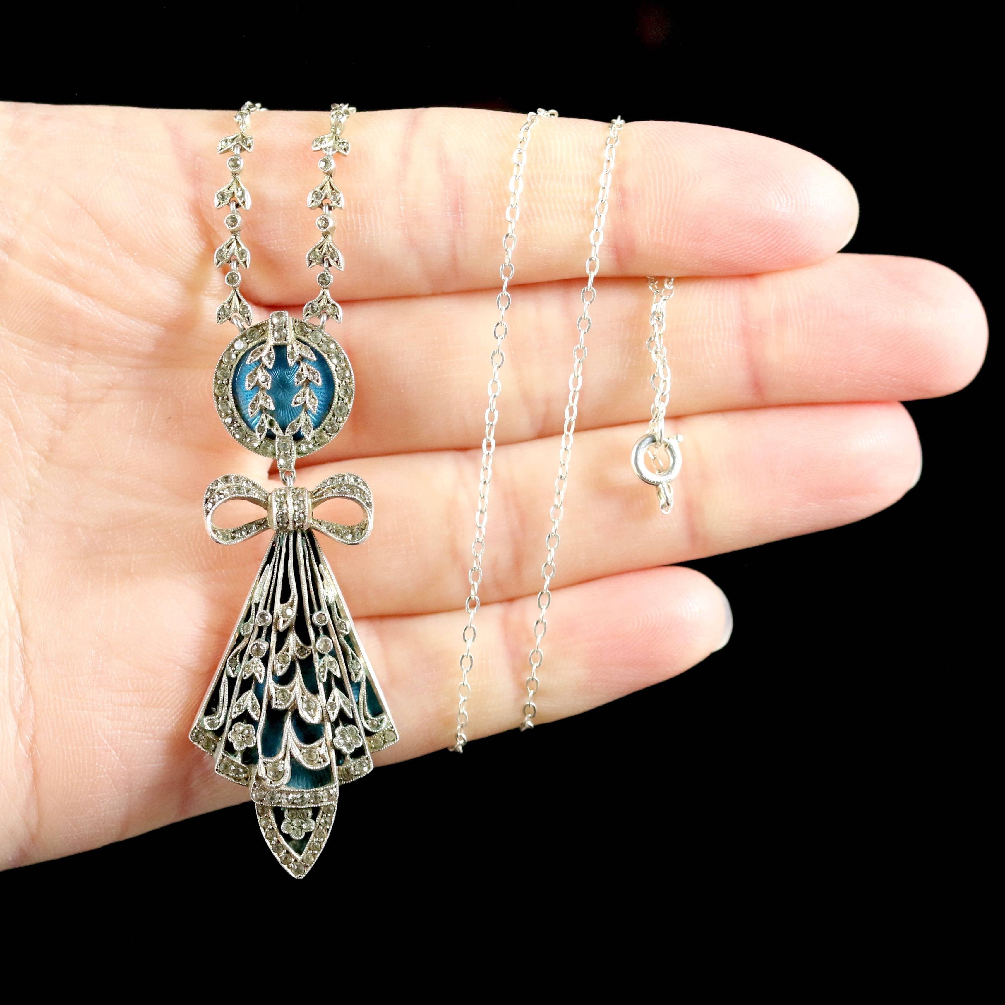 Antique Art Deco Silver Blue Enamel Pendant Necklace 6