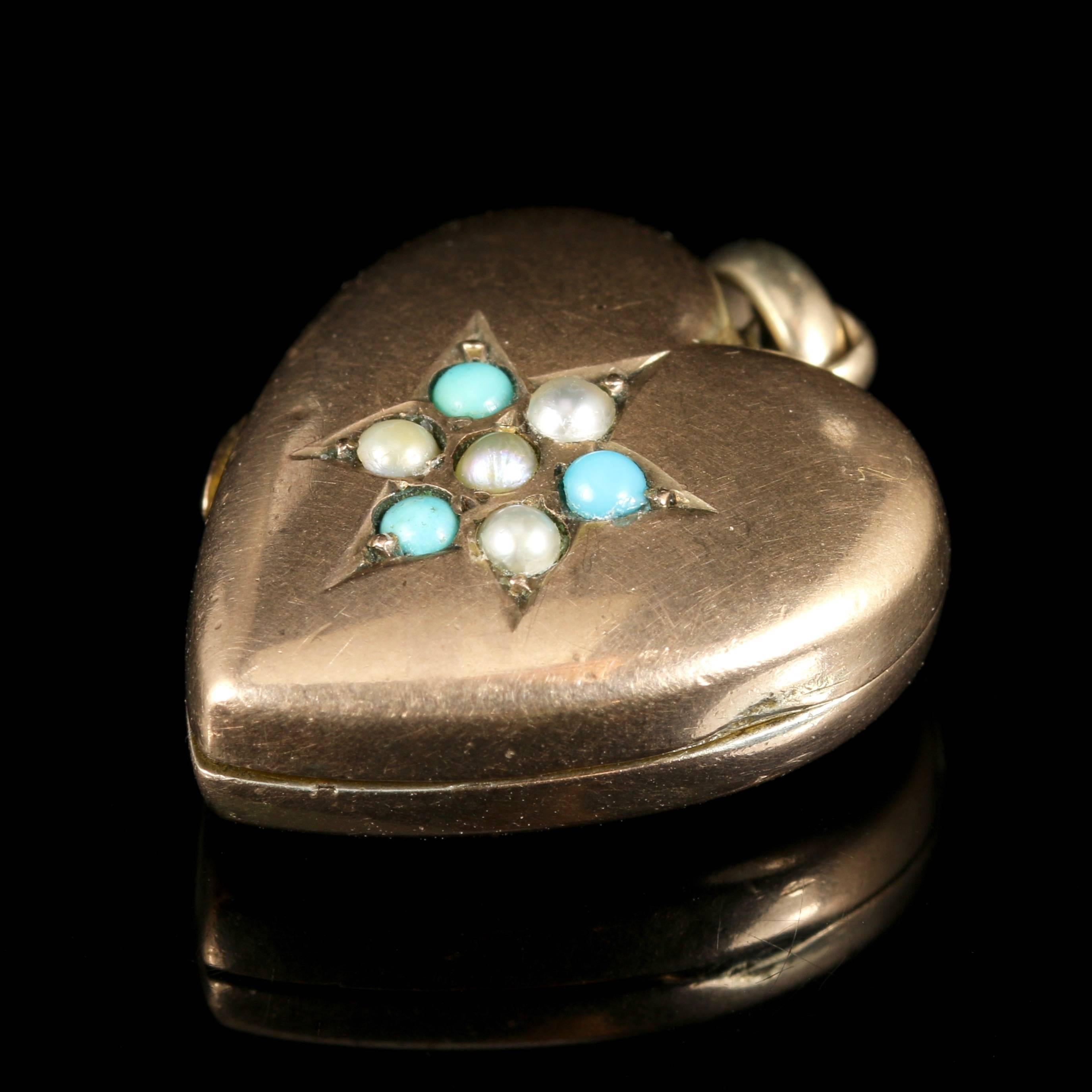 This fabulous Antique Victorian 9ct Rose Gold heart locket is set with Turquoise stones and Pearls.

Circa 1880. 

The lovely locket is set with three Turquoise stones and three Pearls.

Pearls have a wonderful lustre with a rich creamy tone, they