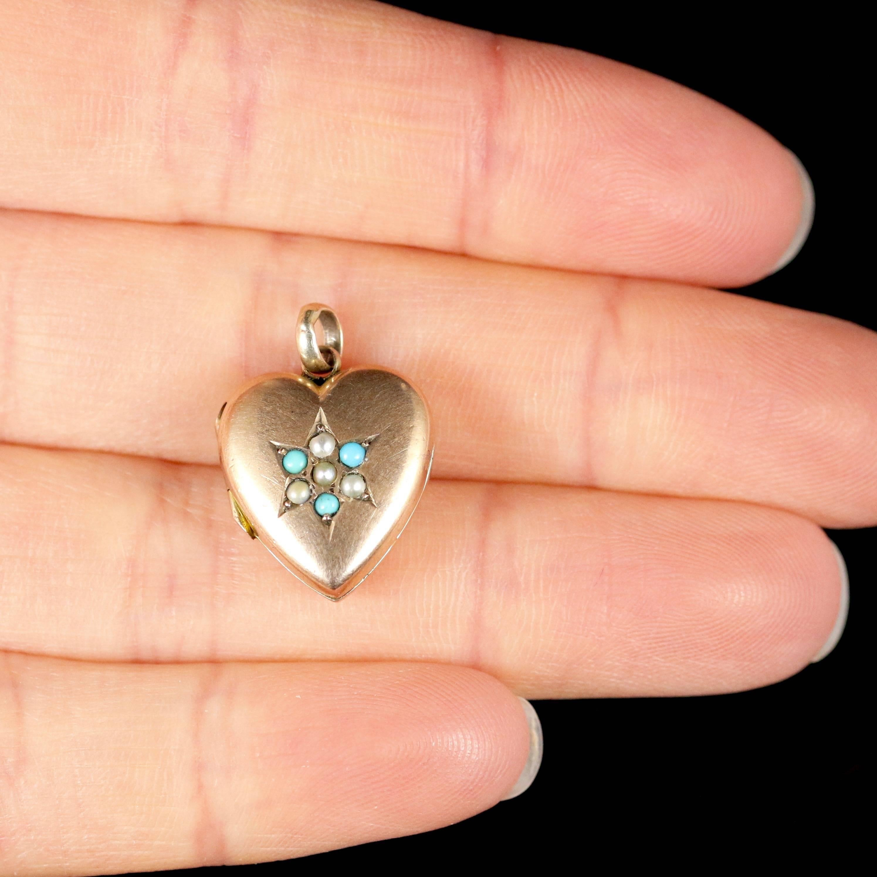 Antique Victorian Heart Locket Turquoise and Pearl, circa 1880 6
