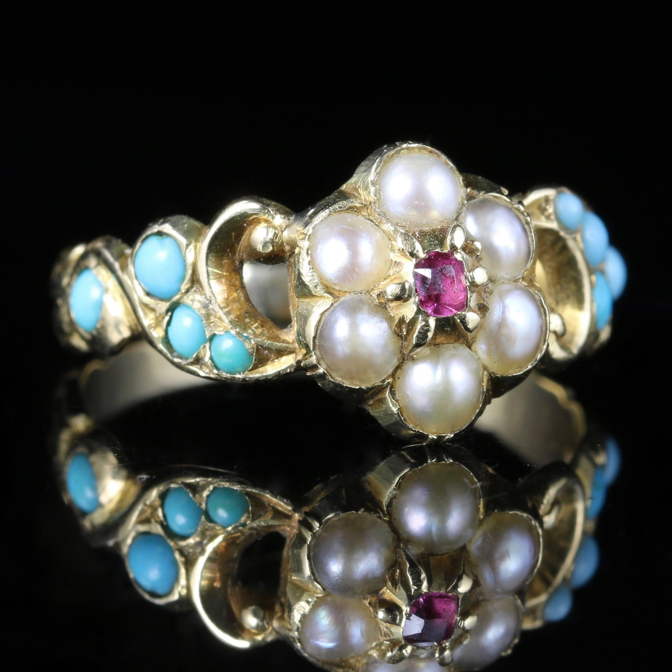 Women's Antique Georgian Turquoise Ruby Pearl Ring 18 Carat Gold