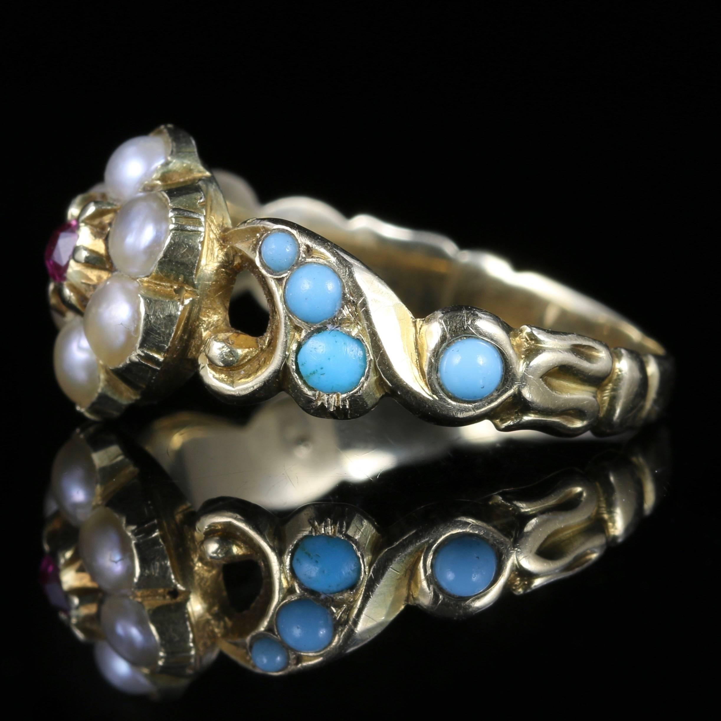 Antique Georgian Turquoise Ruby Pearl Ring 18 Carat Gold 1