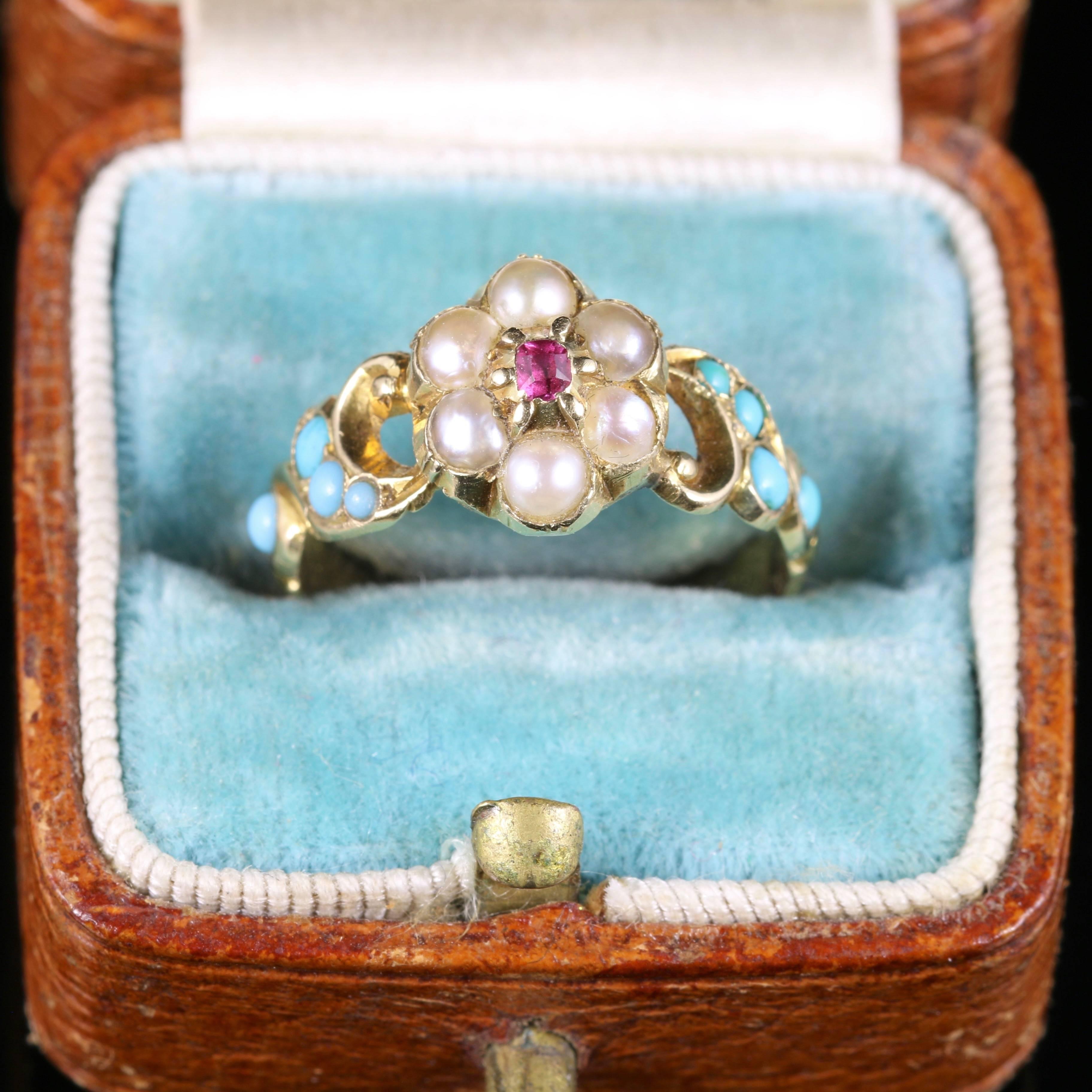 Antique Georgian Turquoise Ruby Pearl Ring 18 Carat Gold 2