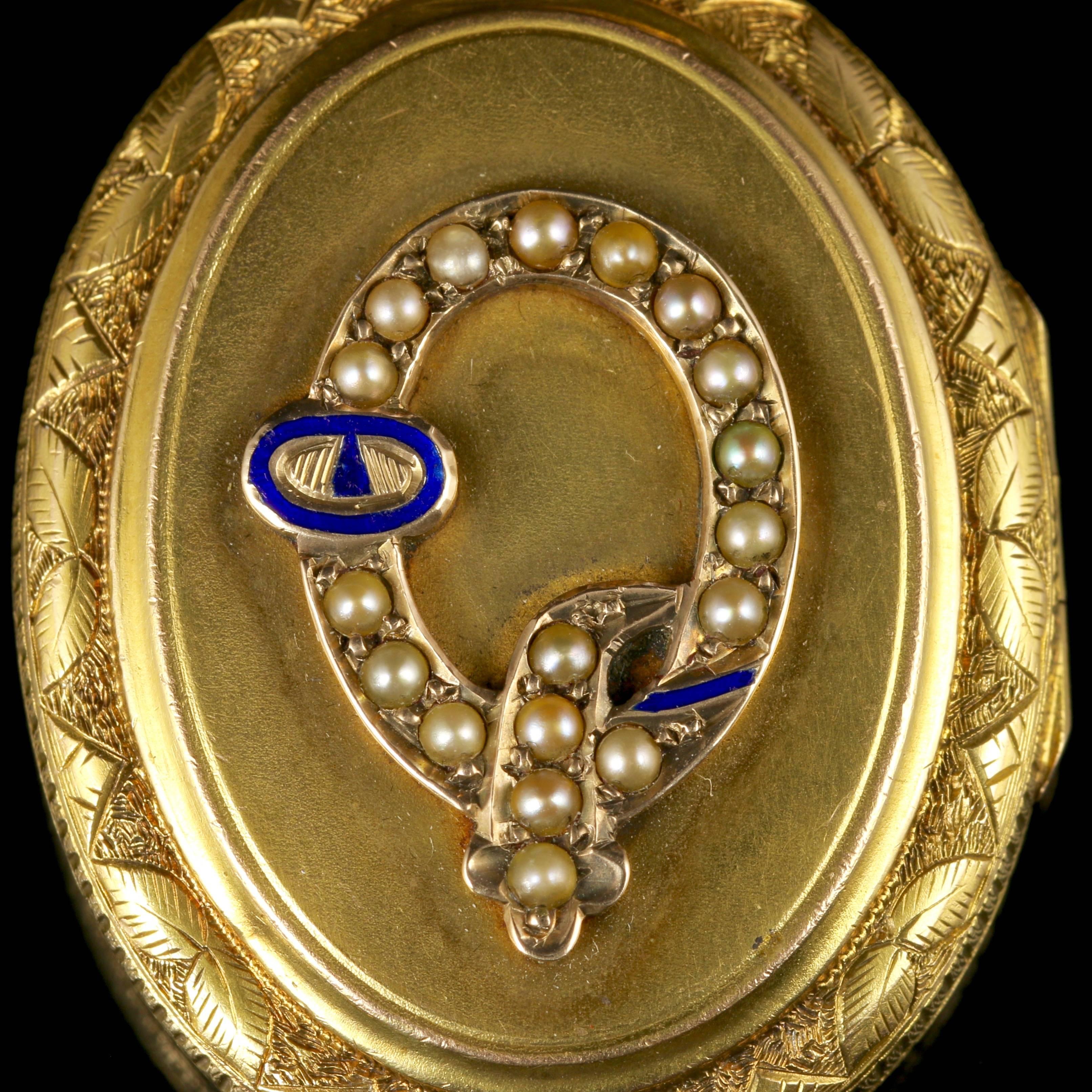 Antique Victorian Gold Locket Large Pearl and Enamel Buckle 15 Carat Gold 1