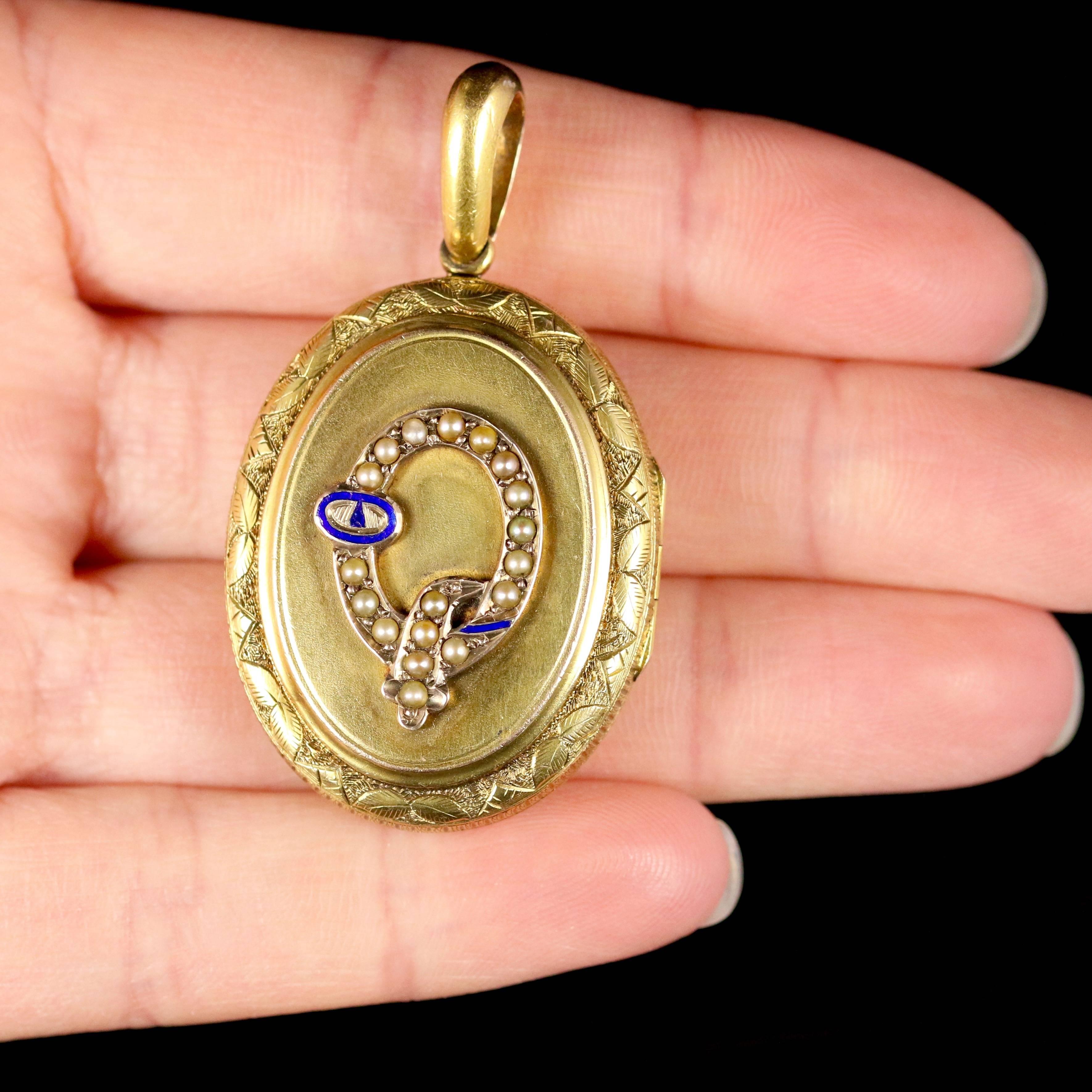 Antique Victorian Gold Locket Large Pearl and Enamel Buckle 15 Carat Gold 4