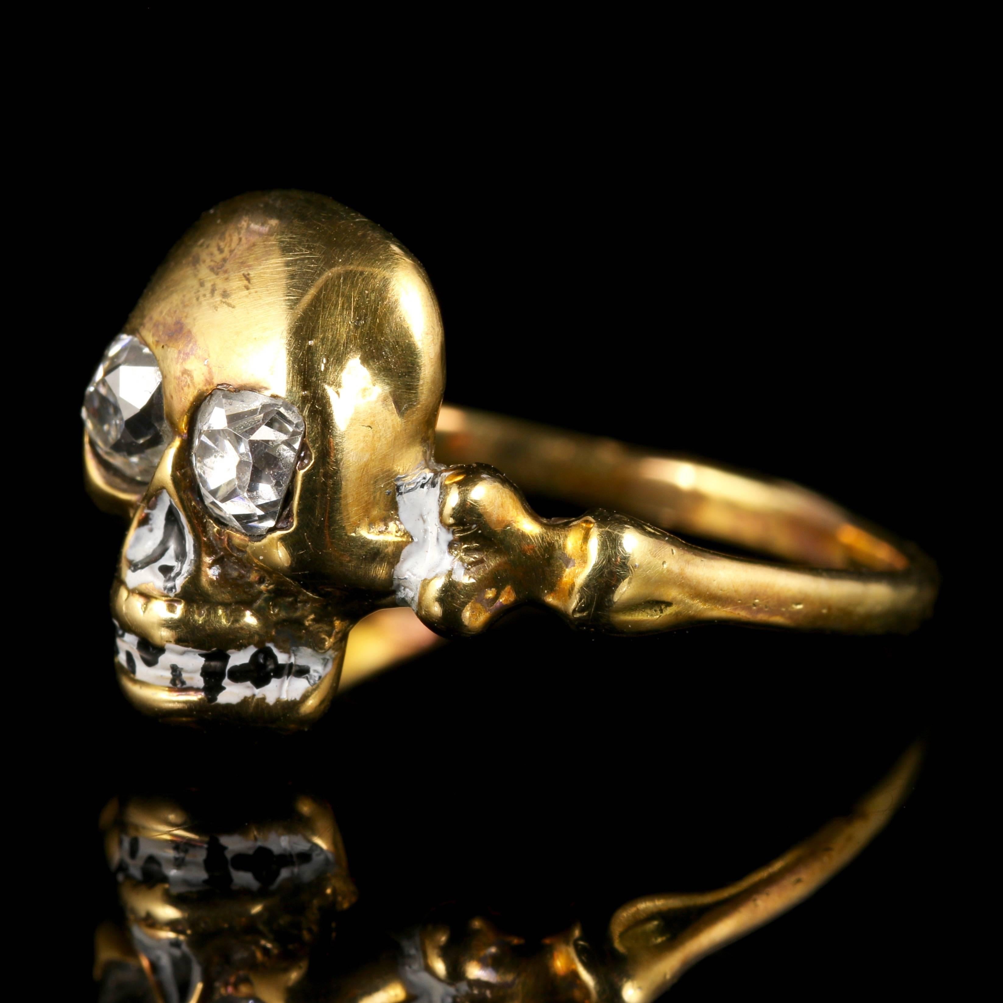This fabulous 18ct Yellow Gold Memento Mori Diamond Skull ring is fabulous.

The skull is set with Diamond eyes, approx. 0.22ct each Diamond 0.44ct in total.

Skull jewellery (Memento Mori) is very collectable. 

Memento Mori means, Remember that