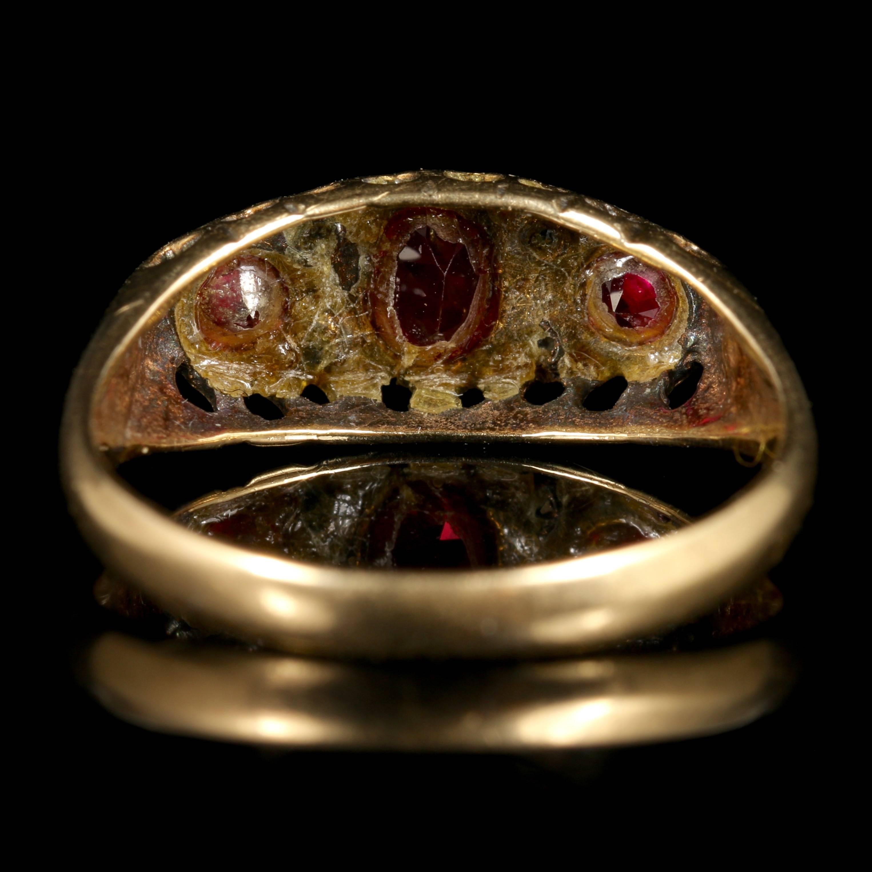 Antique Edwardian Ruby Diamond Ring Gypsy Set Gold Ring, 1909 In Excellent Condition In Lancaster, Lancashire