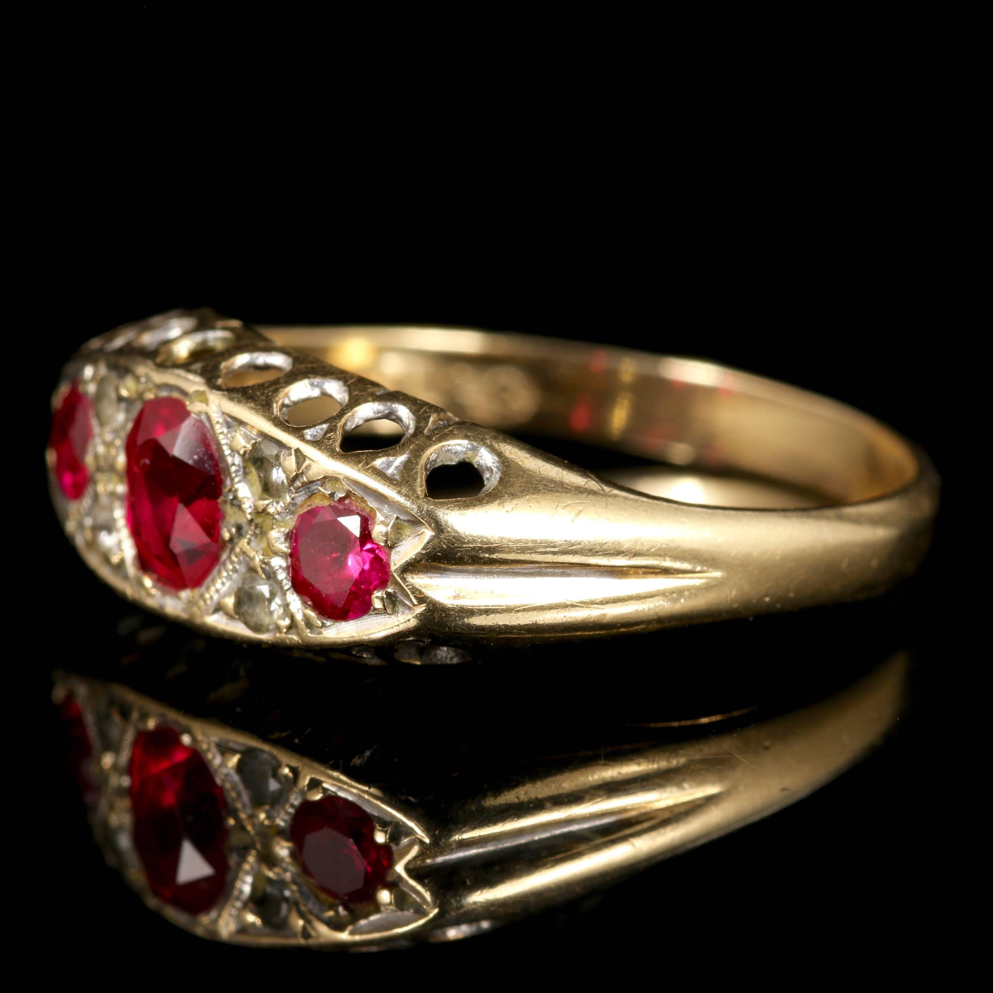 This fabulous antique Edwardian 9ct Yellow Gold ring is set with beautiful rich pink Rubies and Diamonds.

Fully hallmarked Chester 1909, 9ct Gold.

Three beautiful Rubies are set into the Edwardian gallery complimented by sparkling Diamonds.

The