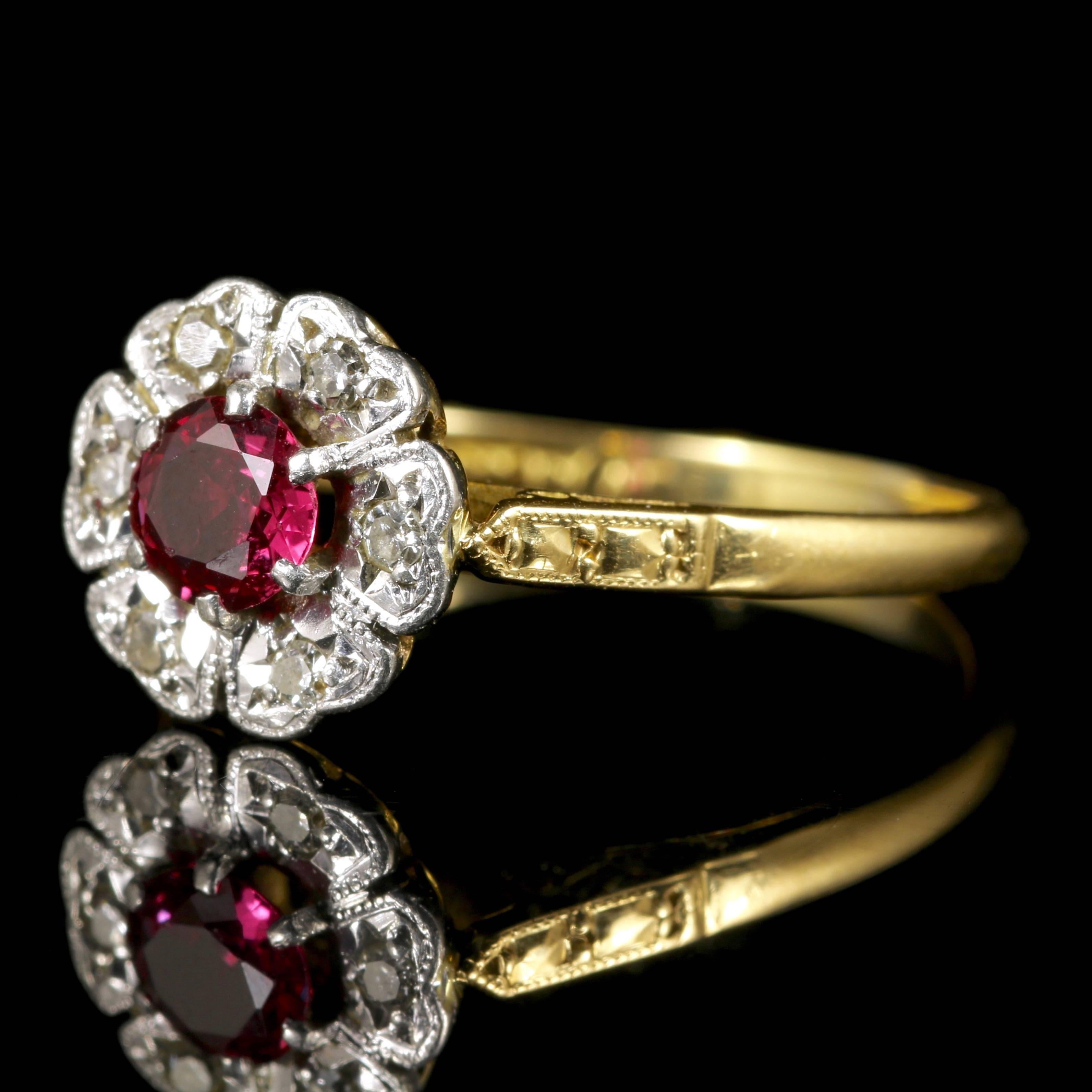 This fabulous antique Victorian 18ct Yellow Gold and Platinum cluster ring is set with a beautiful Ruby and Diamonds.

Circa 1900.

The central Ruby is approx. 0.65ct surrounded by old cut Diamonds.

The Ruby is considered to be the most powerful