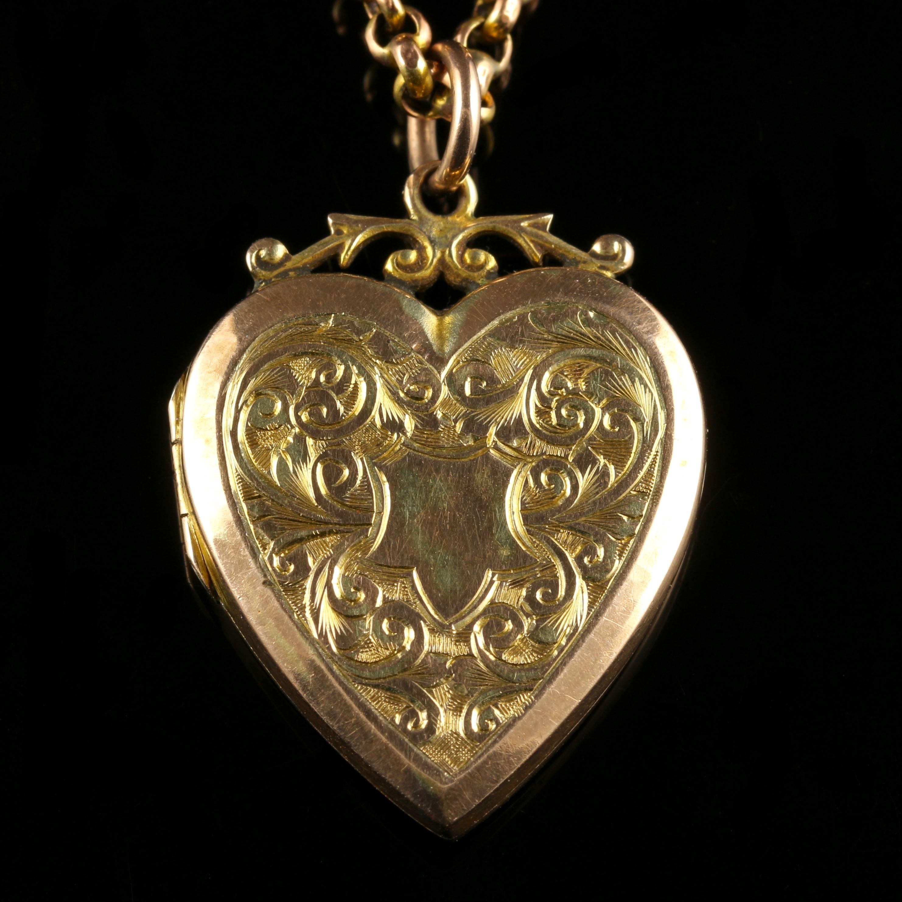 This fabulous Antique Victorian 9ct Gold heart locket is set on a lovely chain.

Circa 1900.

The lovely heart locket is set with beautiful engraving on both sides. 

The locket is hallmarked 9ct Gold back and front, the chain is 9ct Gold also.