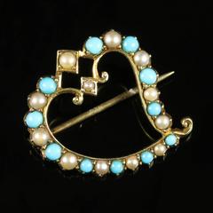 Antique Victorian Witches Heart Brooch Turquoise Pearl 15 Carat Gold
