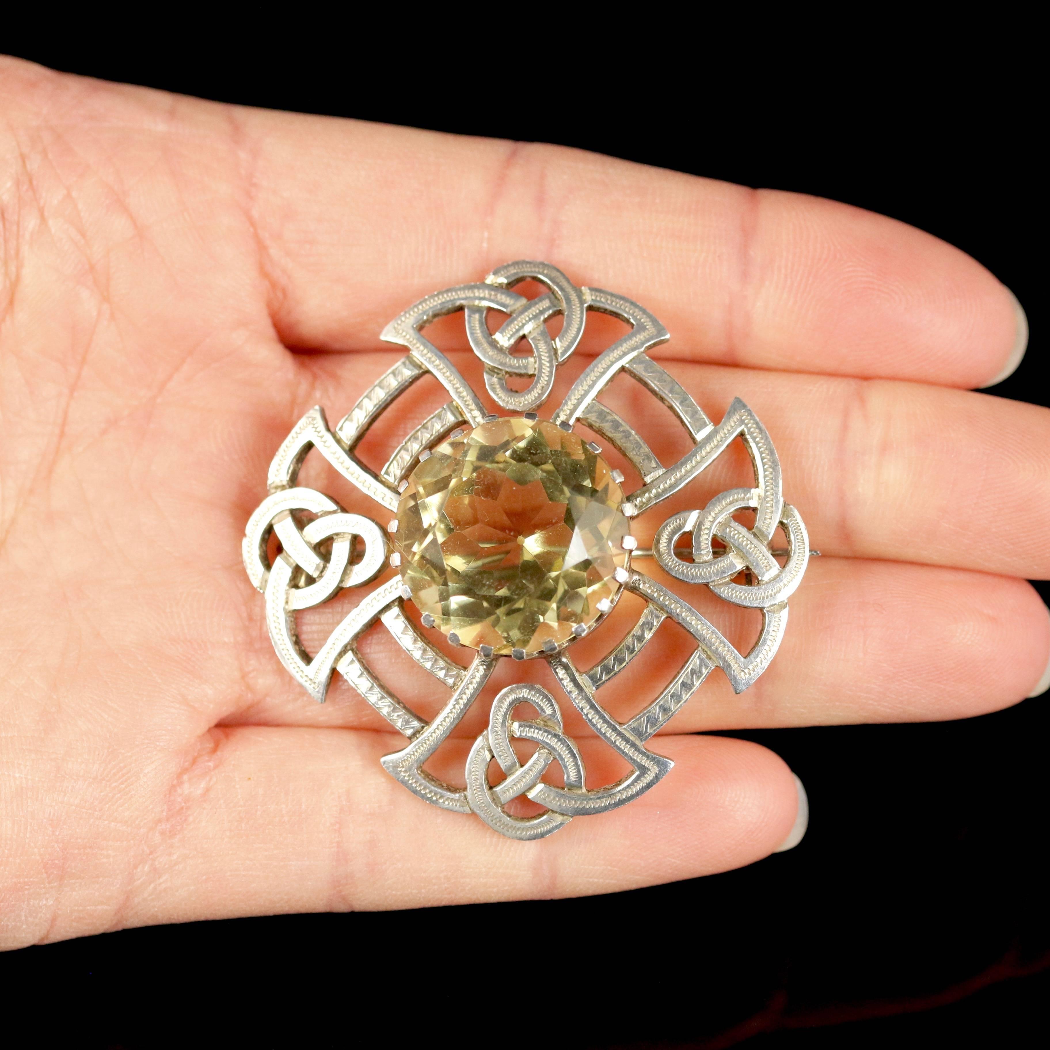 Antique Victorian Scottish Citrine Stone Silver Celtic Brooch  5