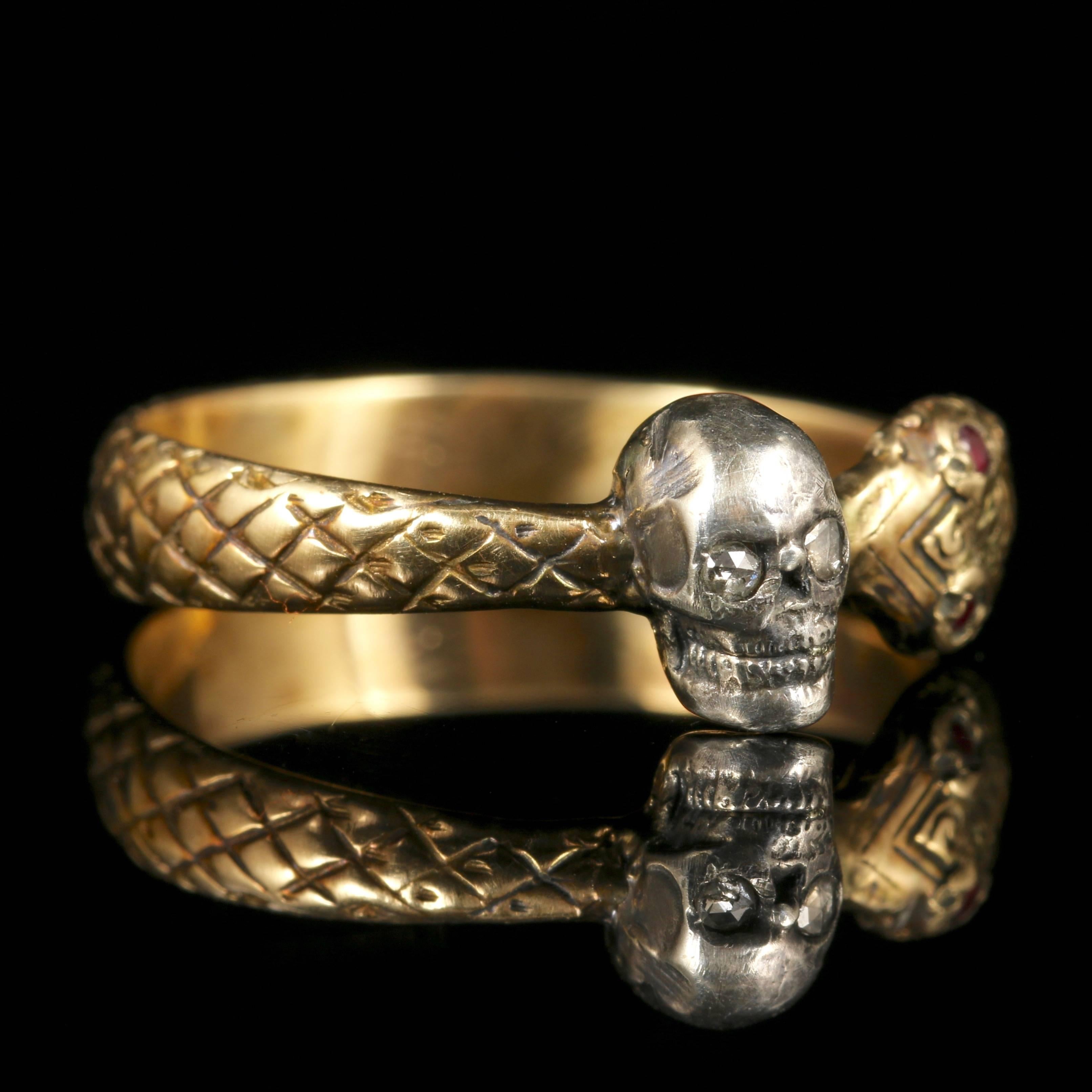 Women's or Men's Momento Mori Diamond Ruby Skull Snake Ring 18 Carat Gold