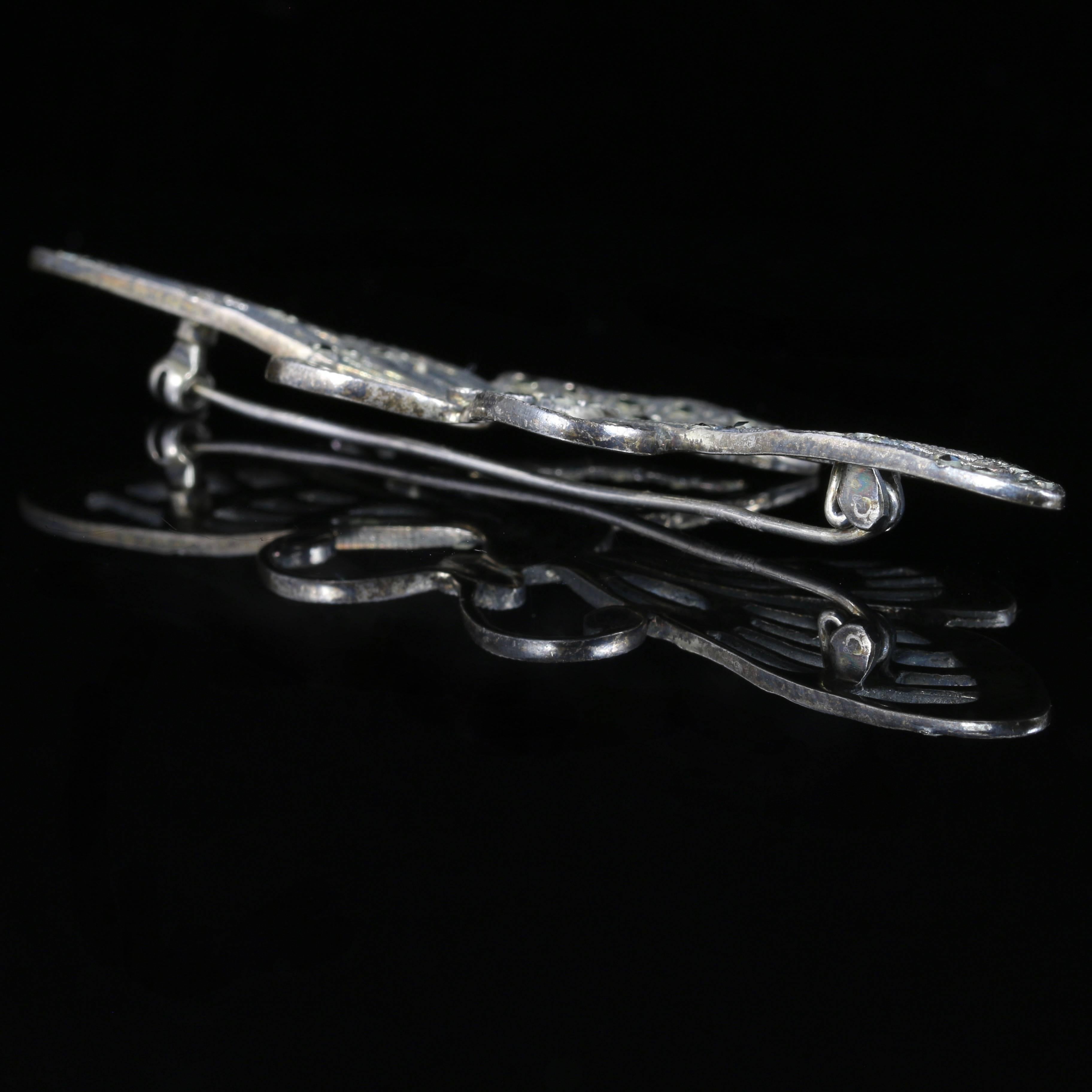 Antique Victorian Silver Marcasite Dragonfly Brooch In Excellent Condition In Lancaster, Lancashire