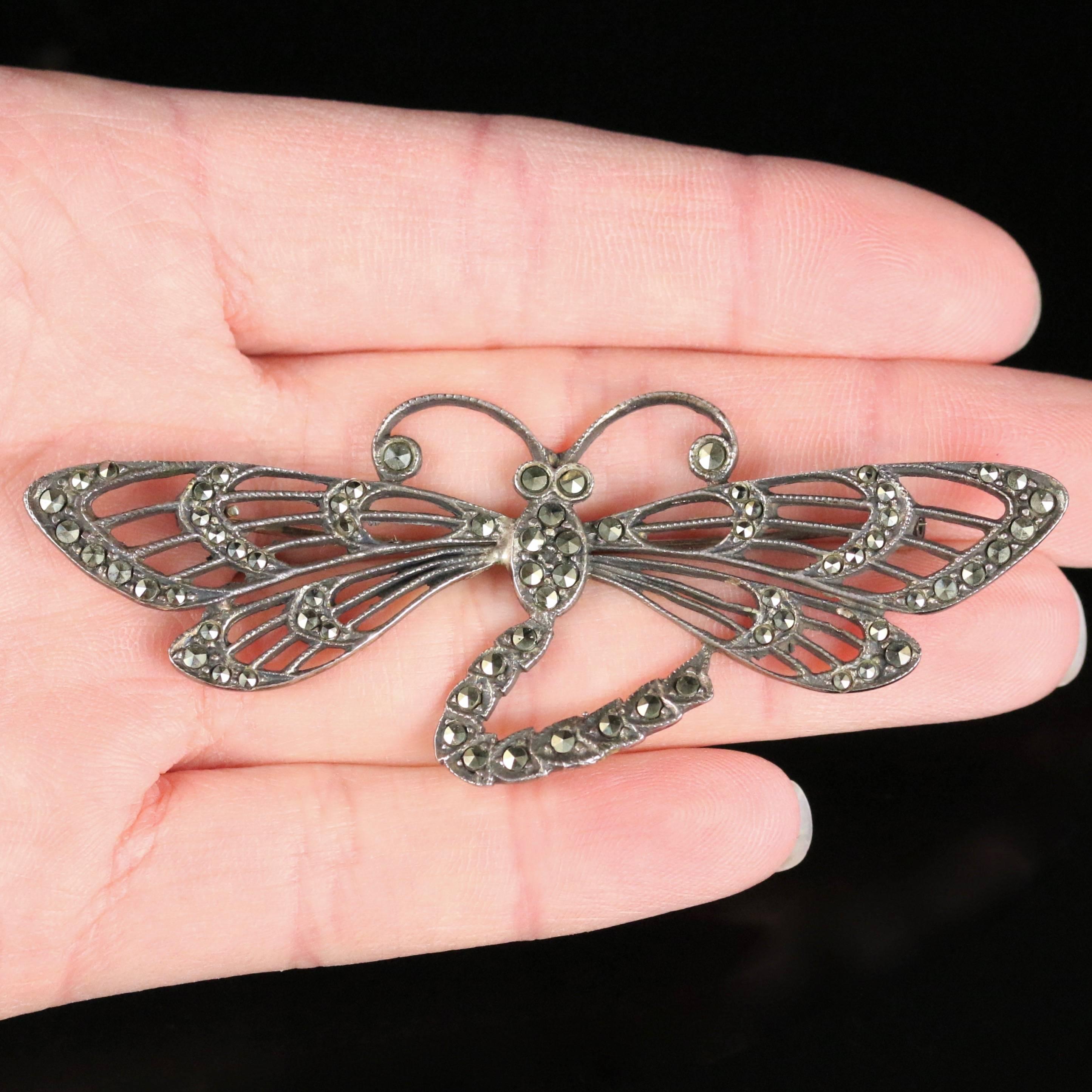 Antique Victorian Silver Marcasite Dragonfly Brooch 2