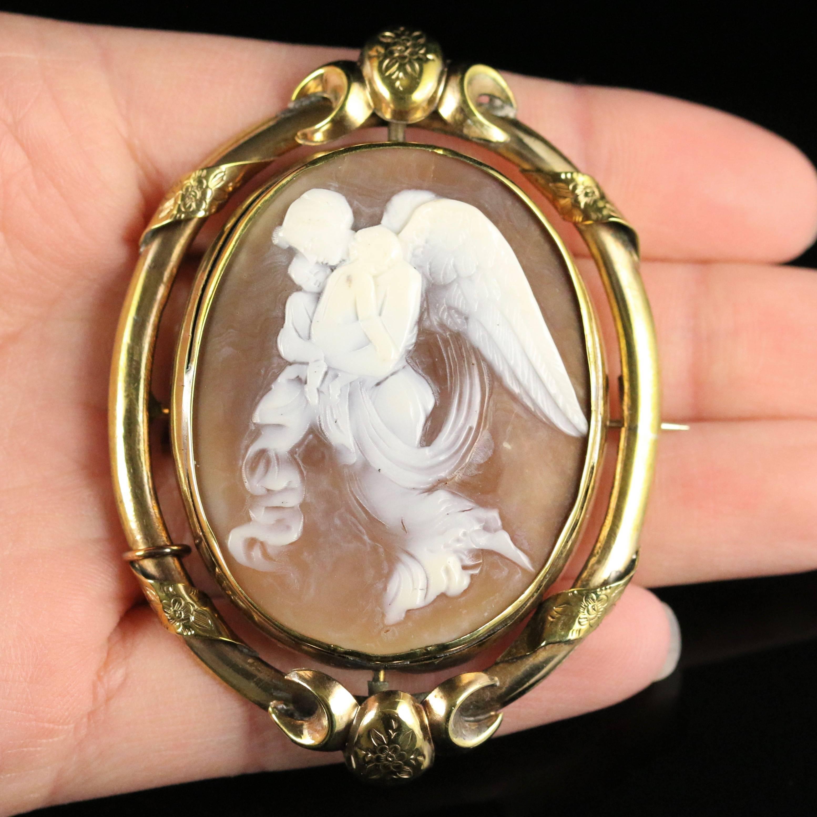 Antique Victorian Cameo Brooch Winged Angel with Cherubs 5