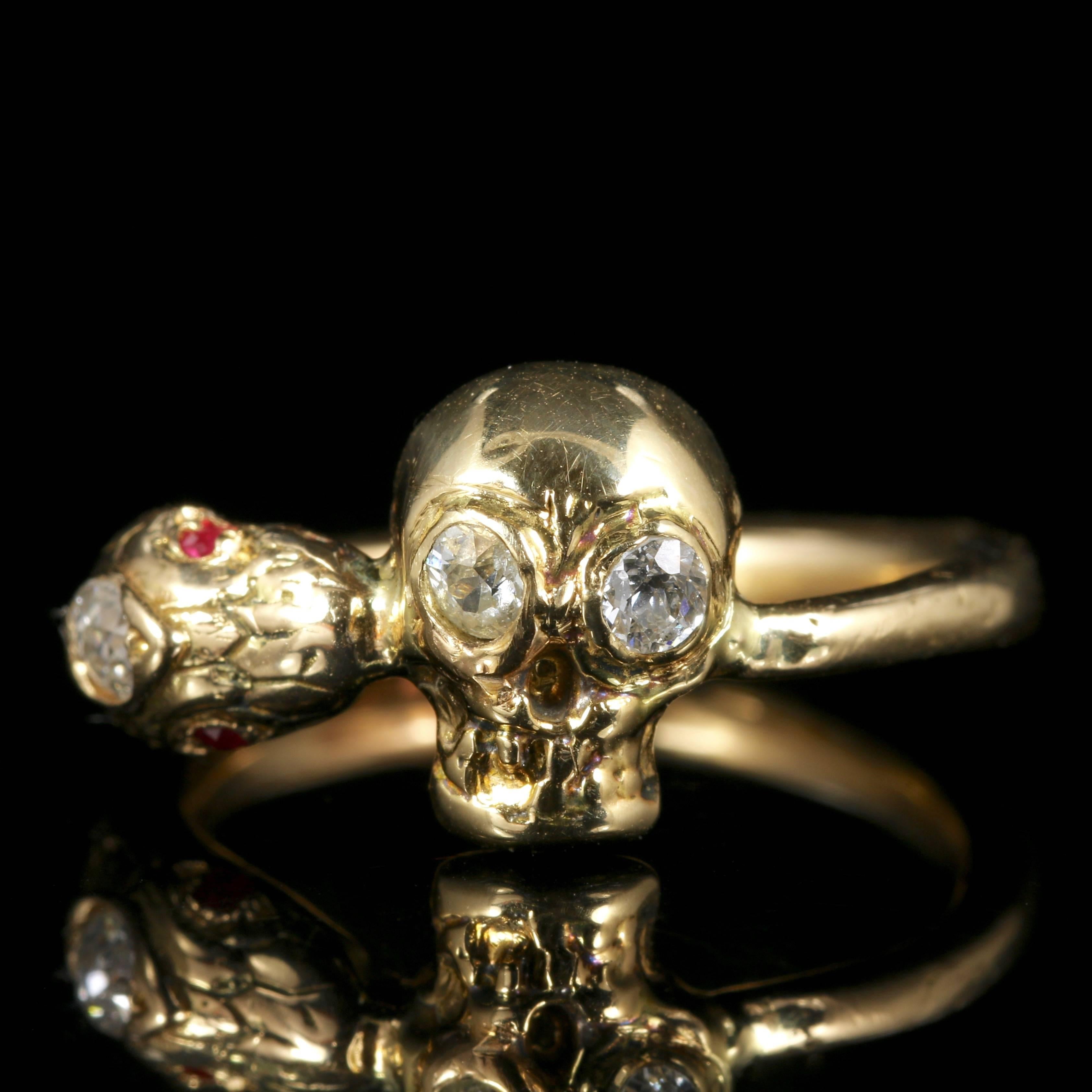 This fabulous 18ct Yellow Gold Memento Mori Diamond Skull and Snake ring is stunning.

Skull jewellery (Memento Mori) is very collectable. 

Memento Mori means -Remember that you must die- and to cherish each day as it is a reminder of the imminence