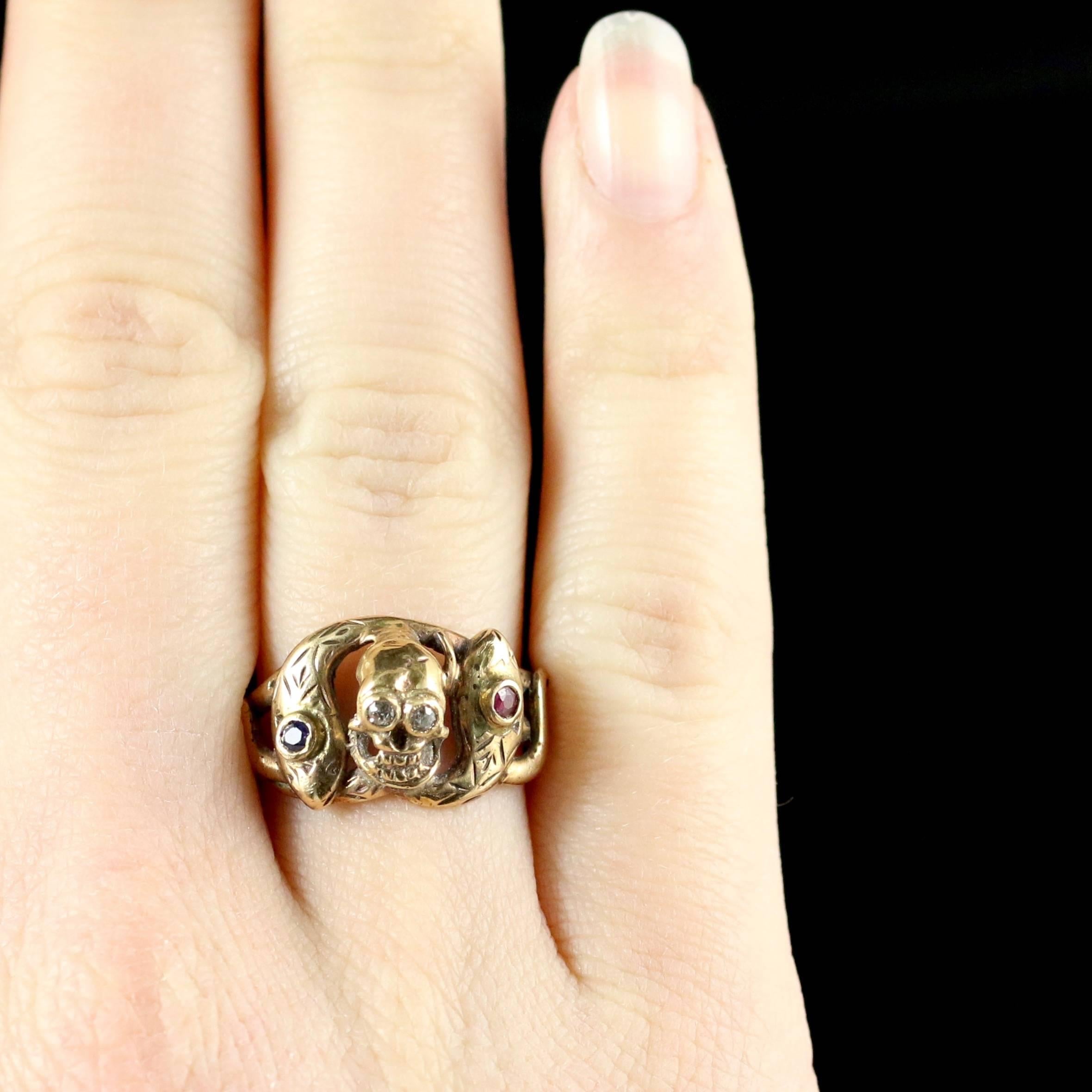 Women's or Men's Memento Mori Ruby Sapphire Diamond Gold Skull and Snake ring 