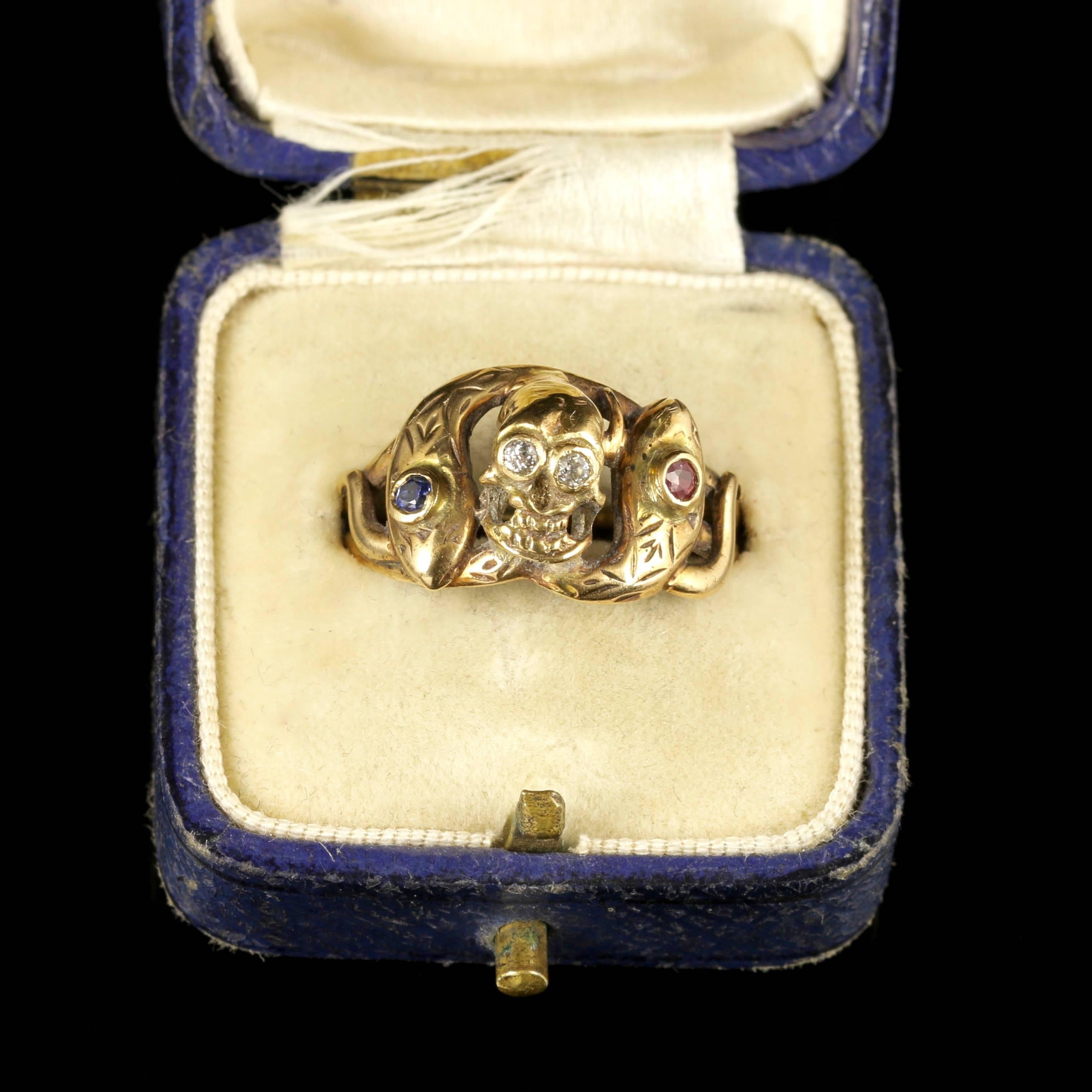 Memento Mori Ruby Sapphire Diamond Gold Skull and Snake ring  In Excellent Condition In Lancaster, Lancashire