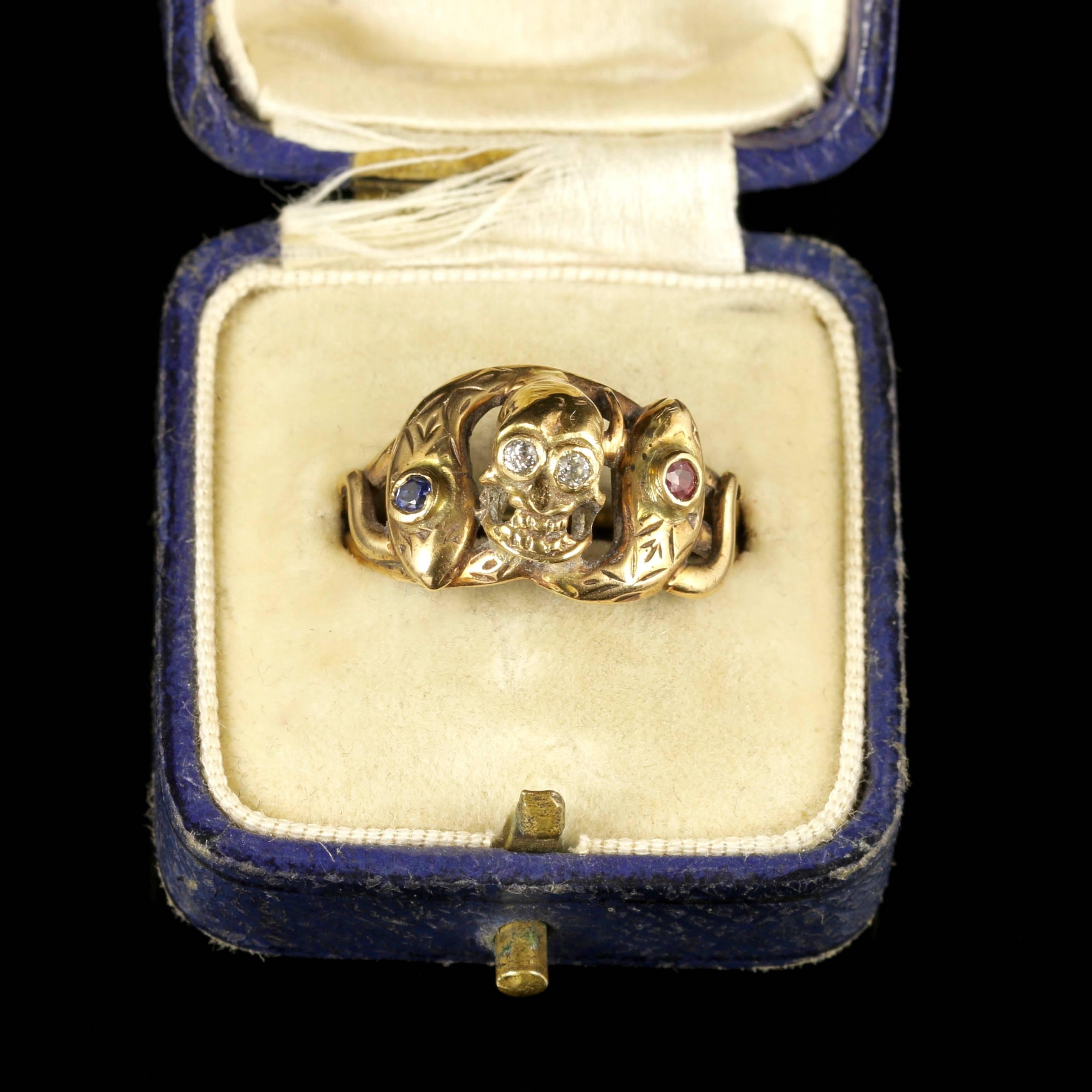 Memento Mori Ruby Sapphire Diamond Gold Skull and Snake ring In Excellent Condition In Lancaster, Lancashire