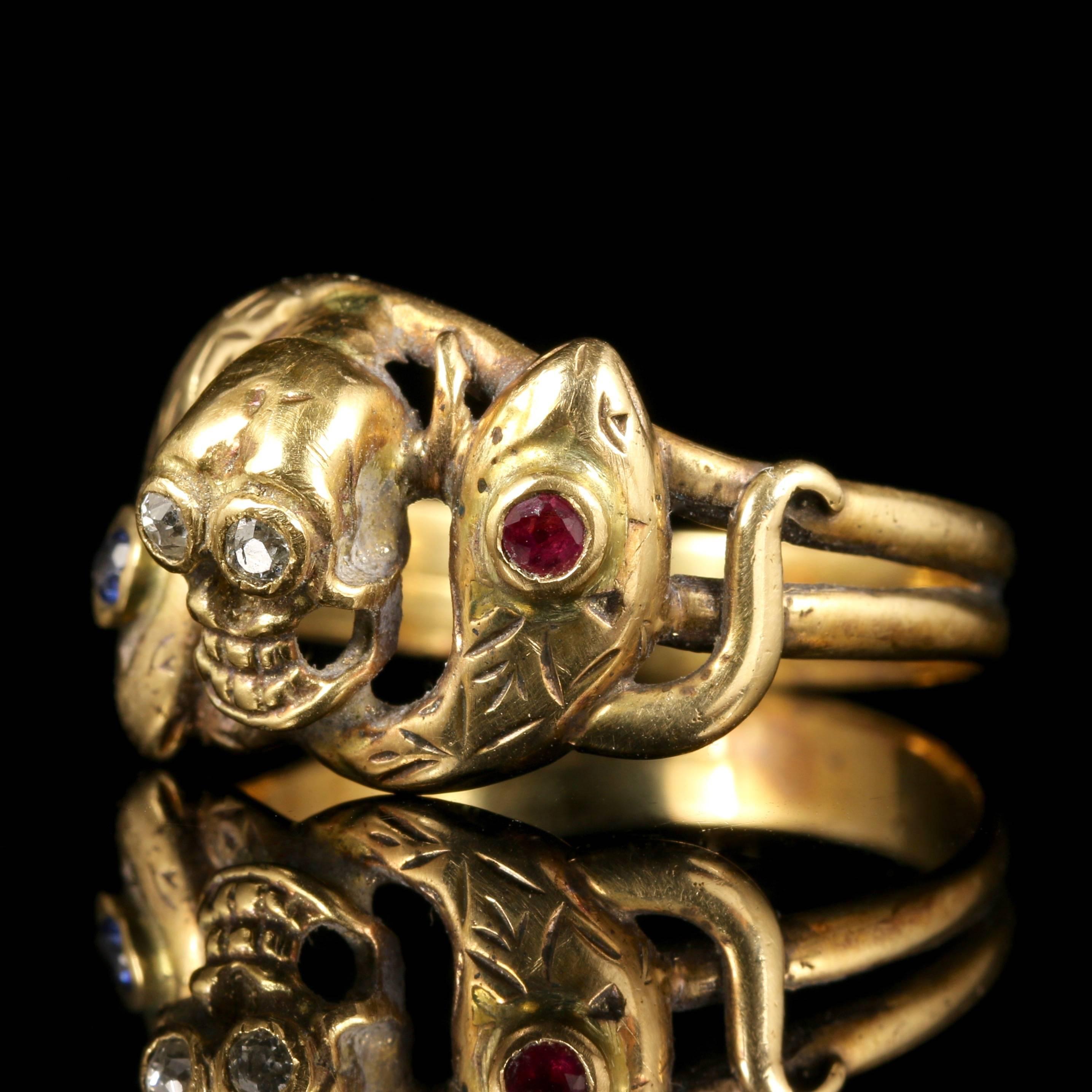 This 18ct Yellow Gold Memento Mori Diamond Skull and Snake ring is stunning.

Skull jewellery (Memento Mori) is very collectable. 

Memento Mori means -Remember that you must die- and to cherish each day as it is a reminder of the imminence of both