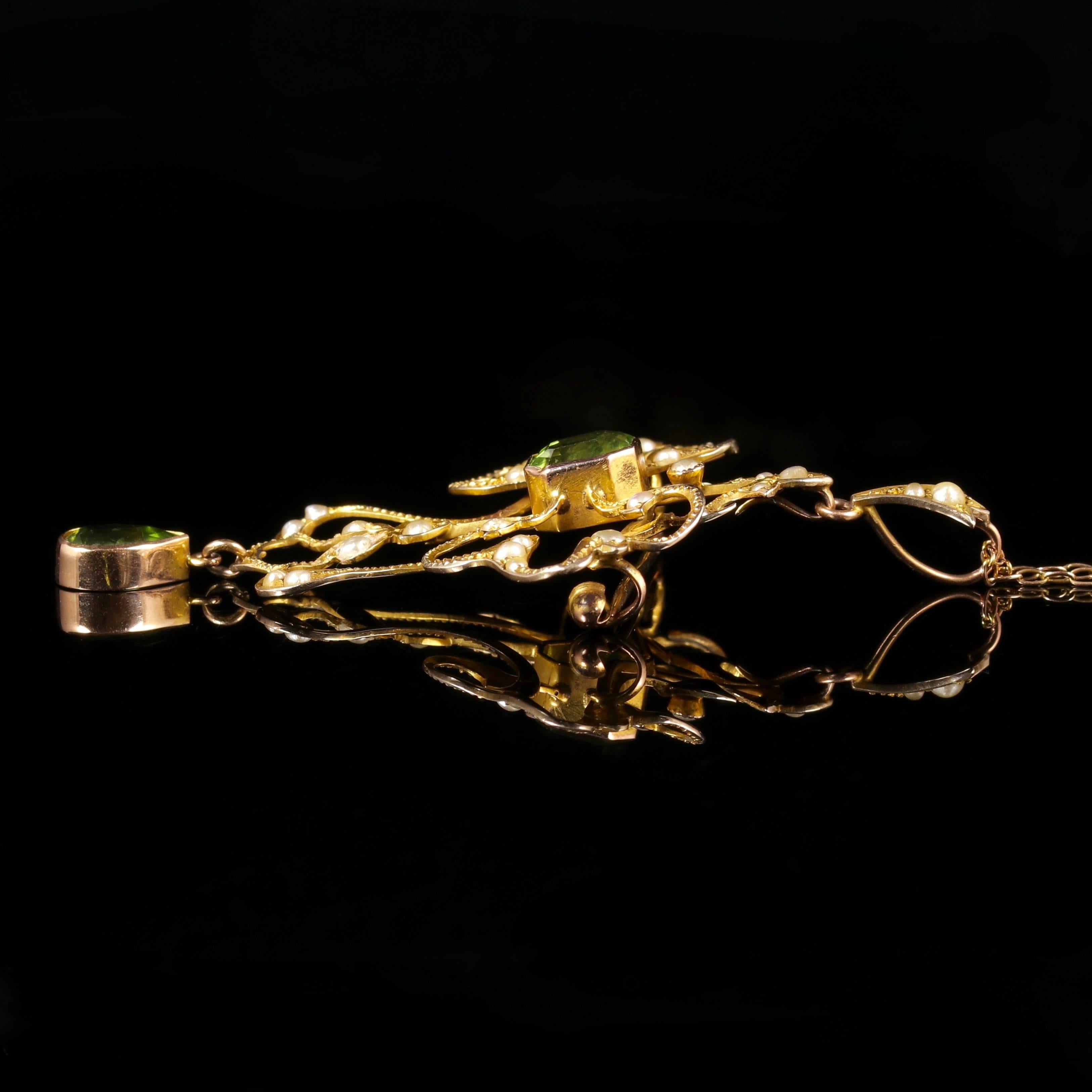 Women's Antique Victorian Peridot 9 Carat Gold Pearl Pendant Brooch Necklace, circa 1900 For Sale