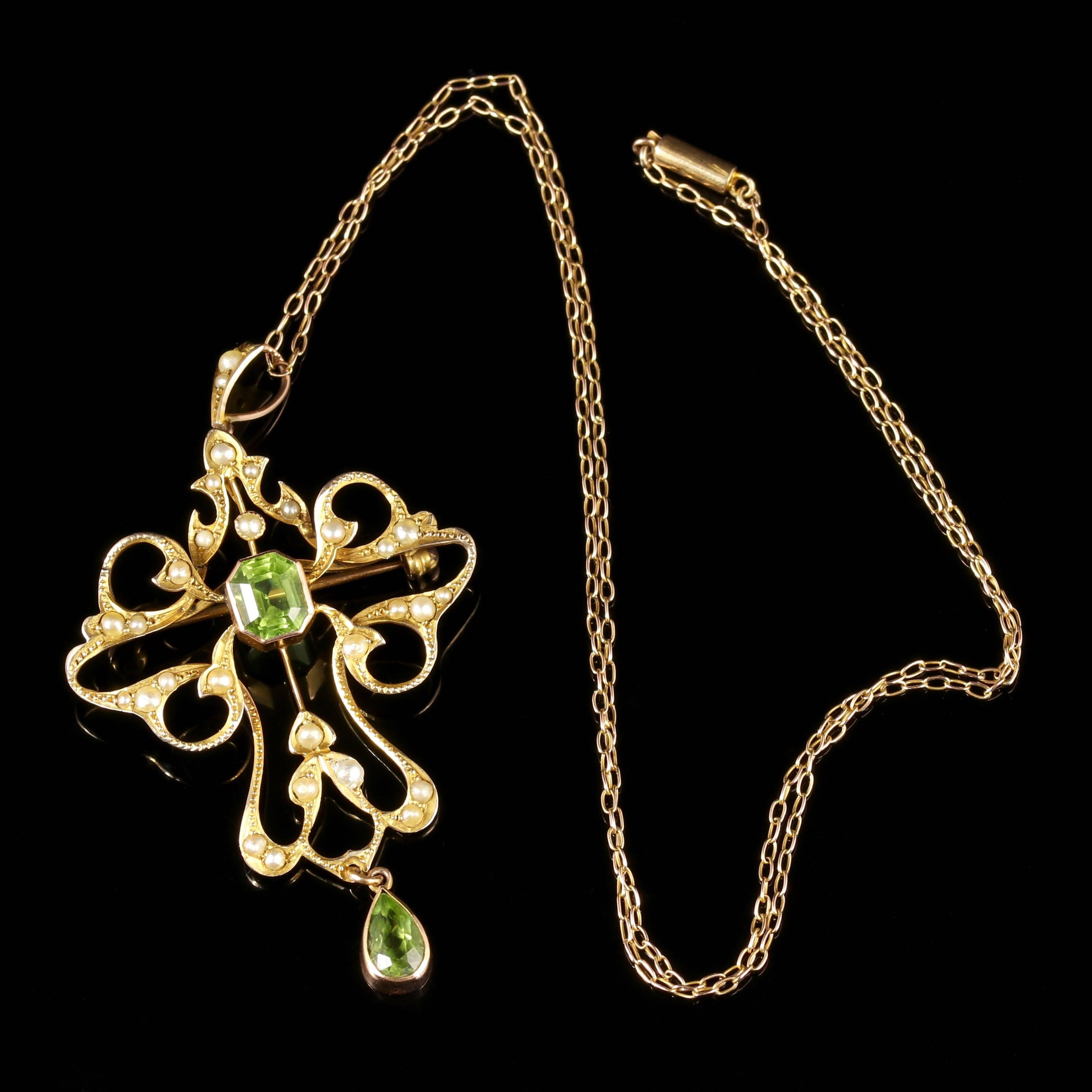 Antique Victorian Peridot 9 Carat Gold Pearl Pendant Brooch Necklace, circa 1900 For Sale 2