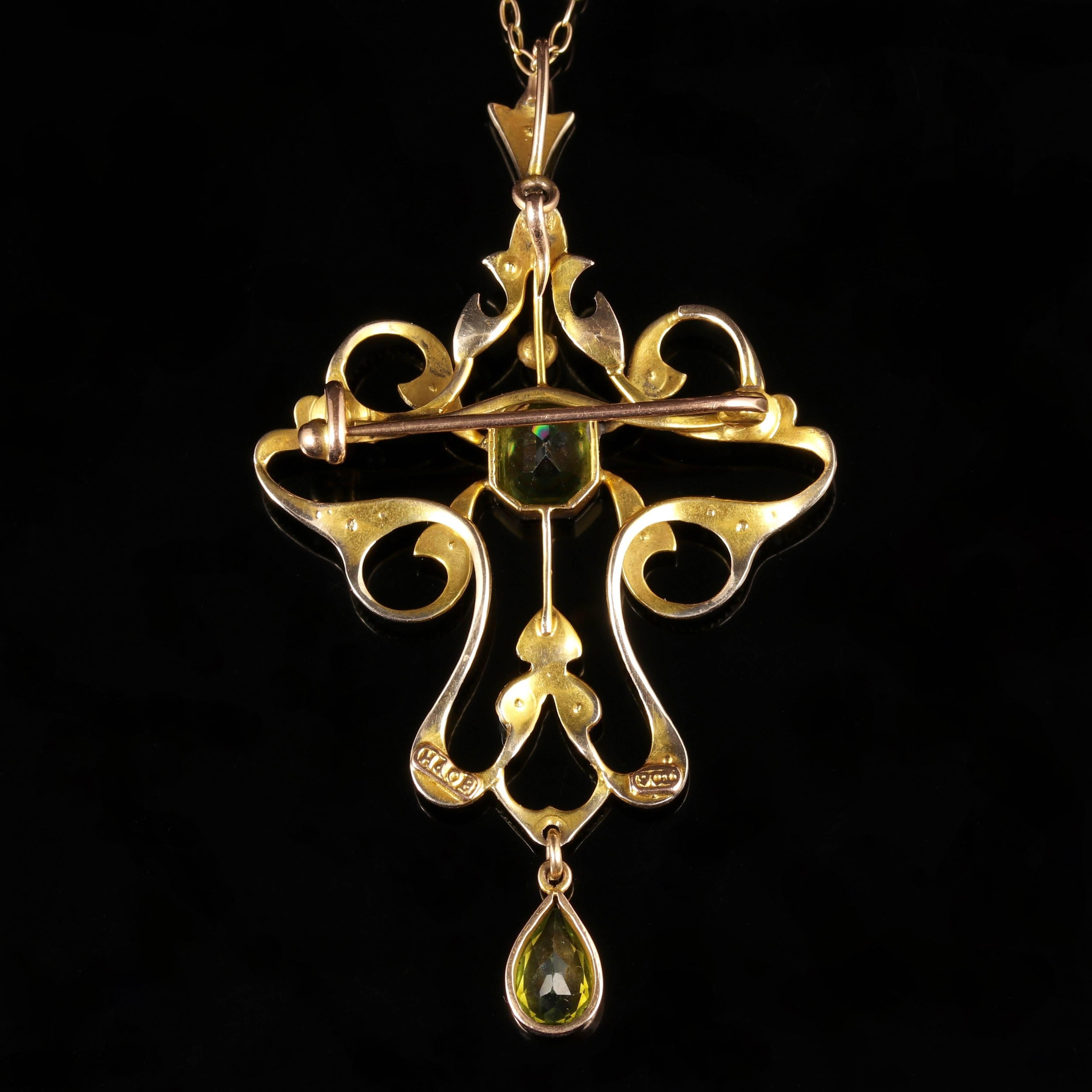 Antique Victorian Peridot 9 Carat Gold Pearl Pendant Brooch Necklace, circa 1900 For Sale 4