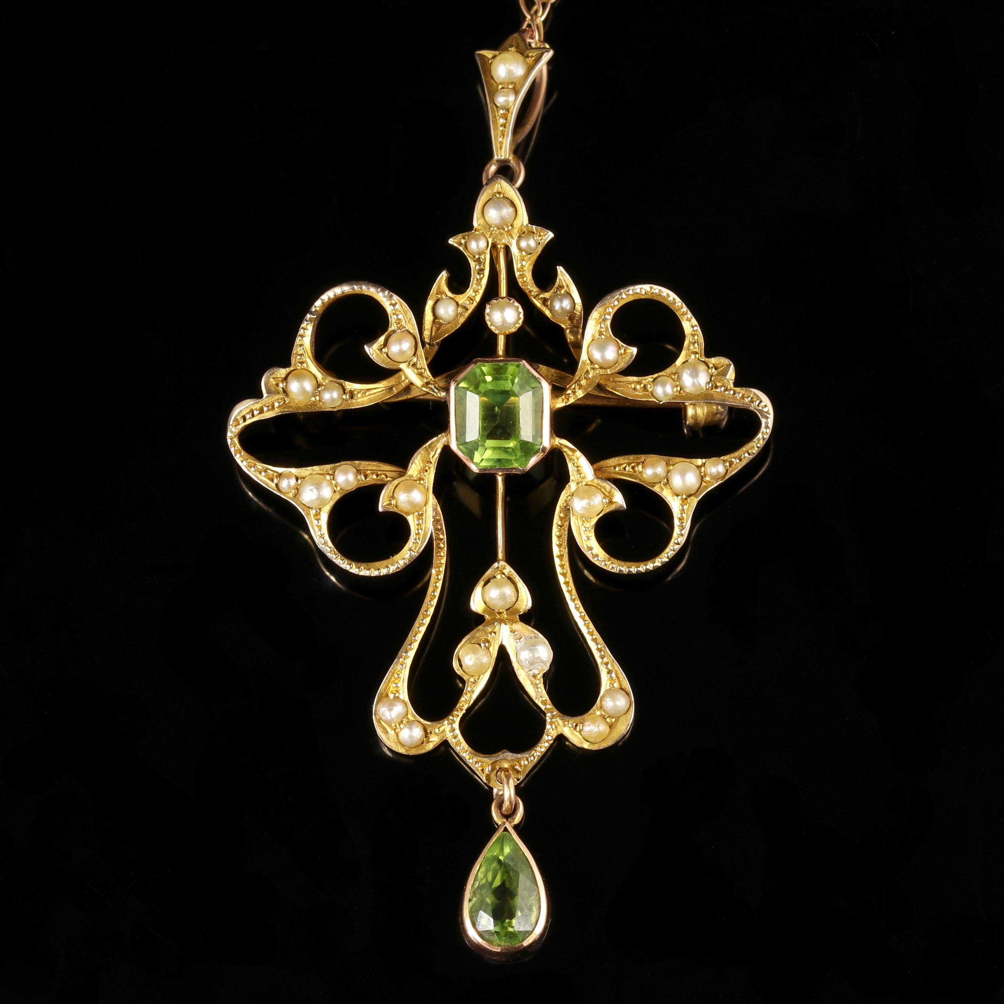 This very beautiful Antique Victorian pendant brooch necklace is Circa 1900.

Adorned with Pearls and Peridots set in 9ct Yellow Gold. 

The Peridot is a stone of lightness and beauty and was believed to be a stone of springtime by ancients who