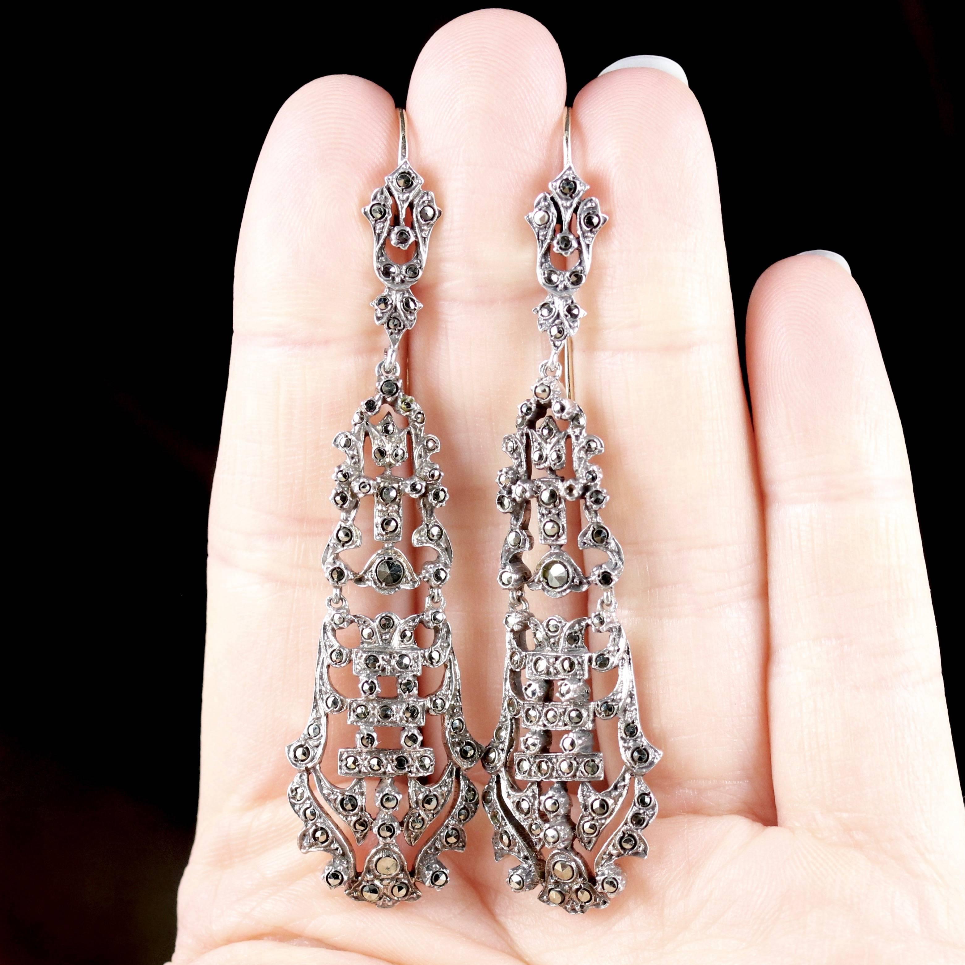 Antique Long Marcasite Earrings, circa 1900 3