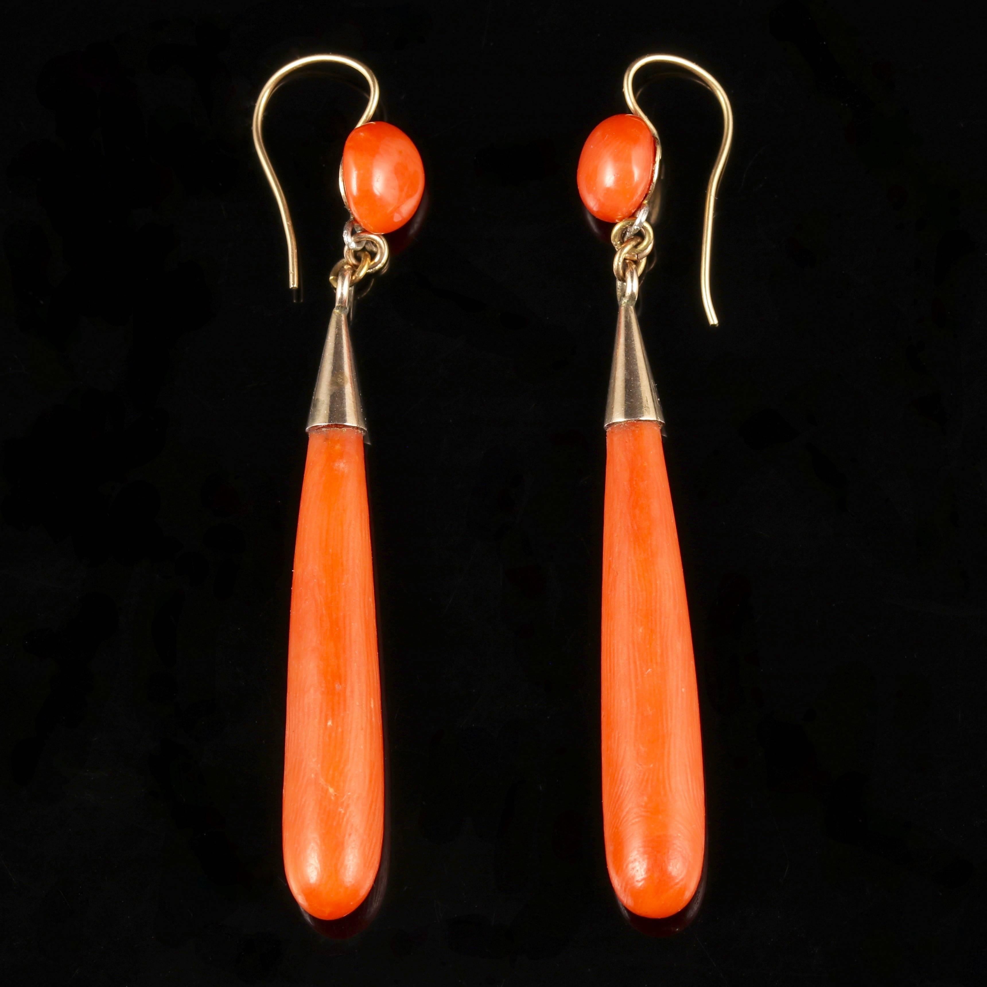 Antique Victorian Coral Gold Long Earrings, circa 1880 2