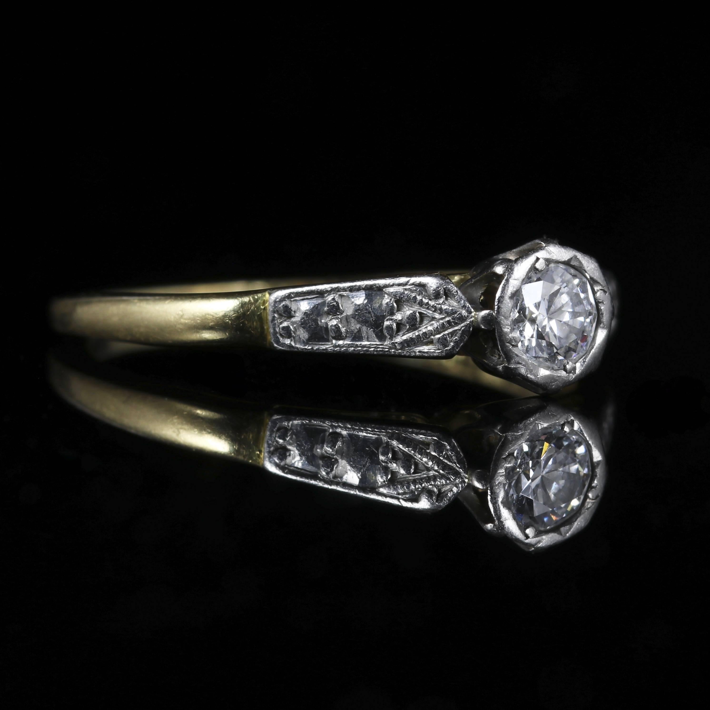 This fabulous Edwardian 18ct Yellow Gold Diamond ring is set with a 0.20ct Diamond.

The Diamond has superb clarity and is SI 1 H colour.

Diamonds sparkle continuously and beautifully captivating the allure of natures beauty.

Diamond is the
