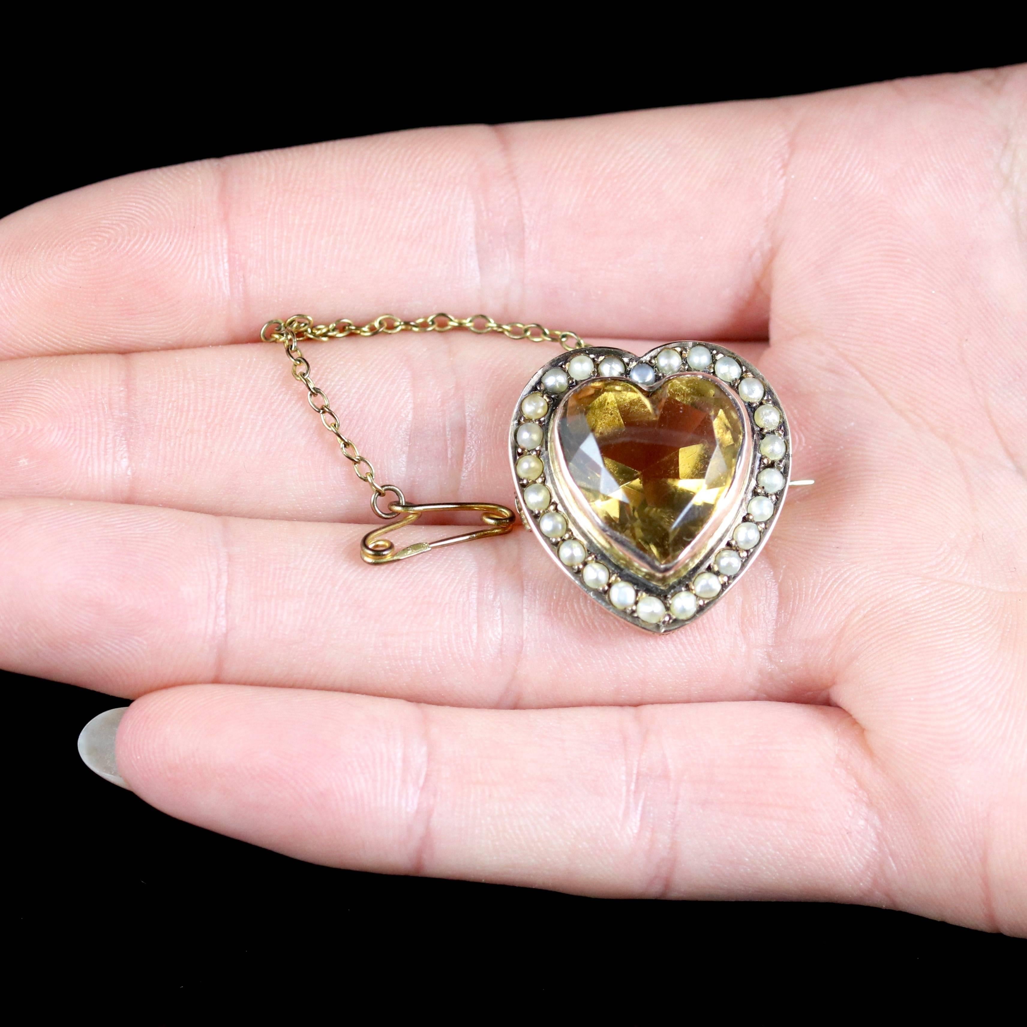 Antique Victorian Citrine Pearl Gold Heart Brooch, circa 1880 6